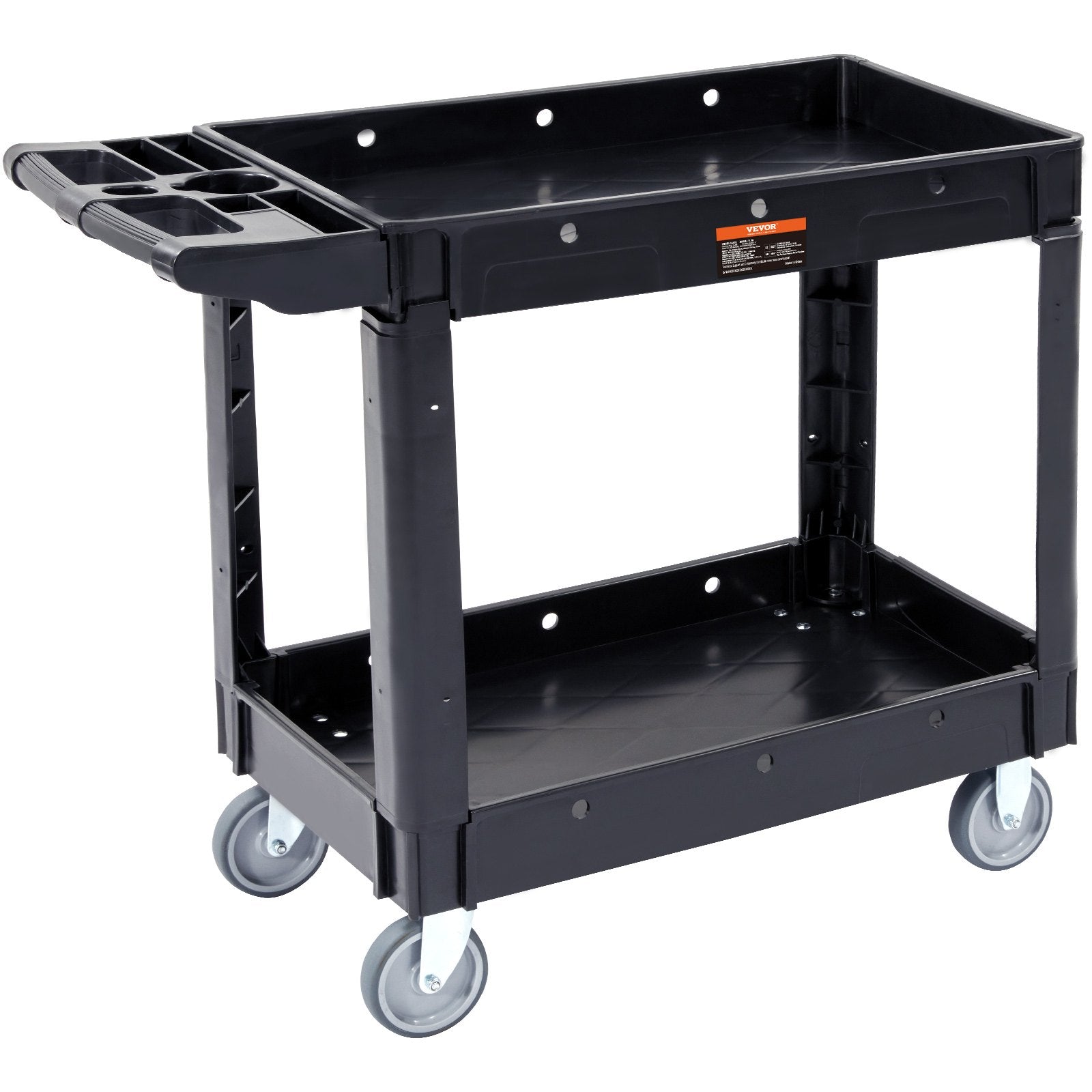 VEVOR Utility Service Cart, 2 Shelf 550LBS Heavy Duty Plastic Rolling Utility Cart with 360° Swivel Wheels, Medium Lipped Shelf, Ergonomic Storage Handle for Warehouse/Garage/Cleaning/Office 9