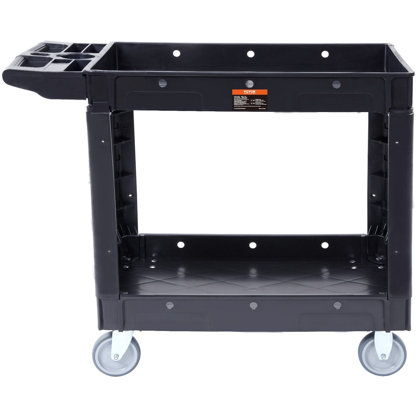 VEVOR Utility Service Cart, 2 Shelf 550LBS Heavy Duty Plastic Rolling Utility Cart with 360° Swivel Wheels, Medium Lipped Shelf, Ergonomic Storage Handle for Warehouse/Garage/Cleaning/Office 10