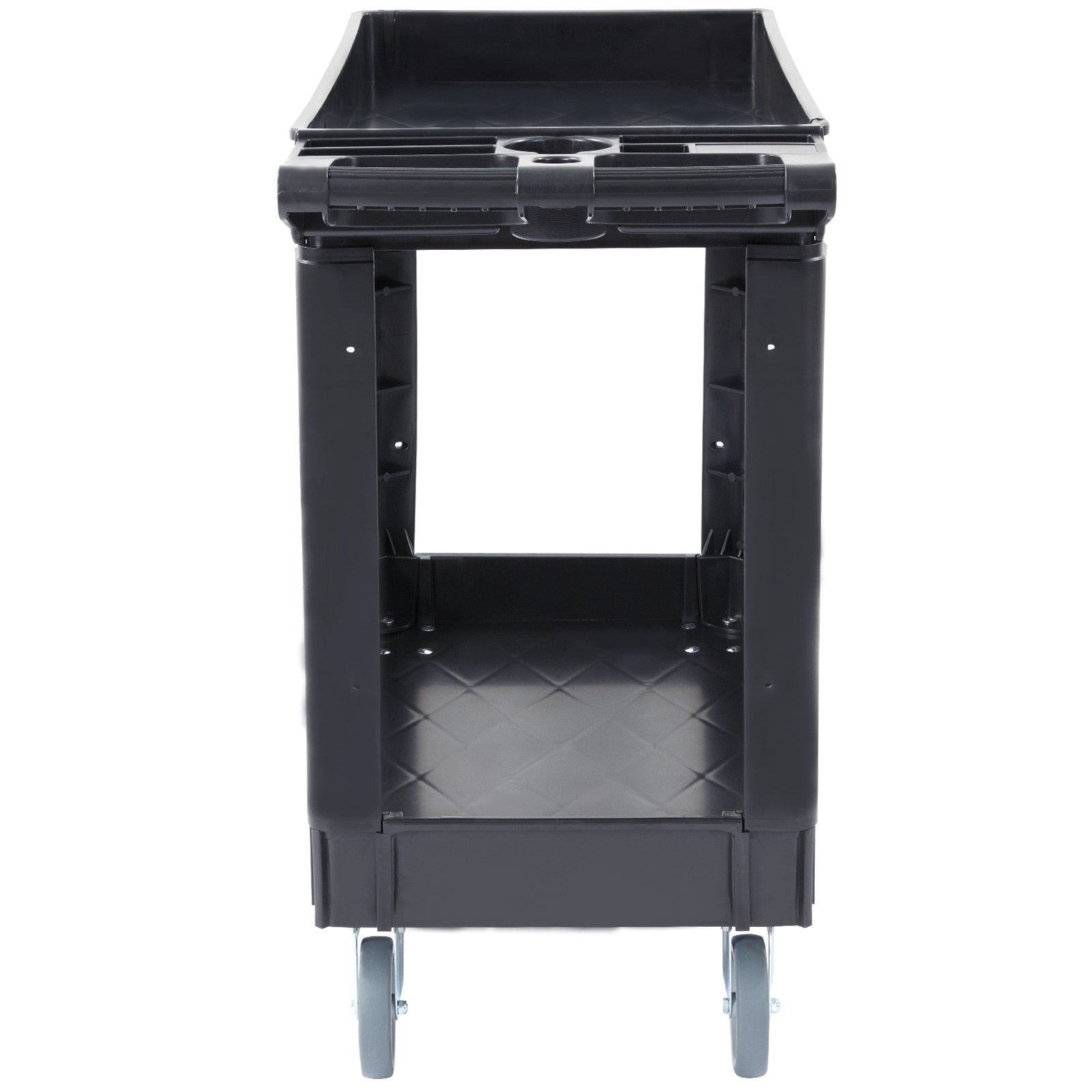 VEVOR Utility Service Cart, 2 Shelf 550LBS Heavy Duty Plastic Rolling Utility Cart with 360° Swivel Wheels, Medium Lipped Shelf, Ergonomic Storage Handle for Warehouse/Garage/Cleaning/Office 11