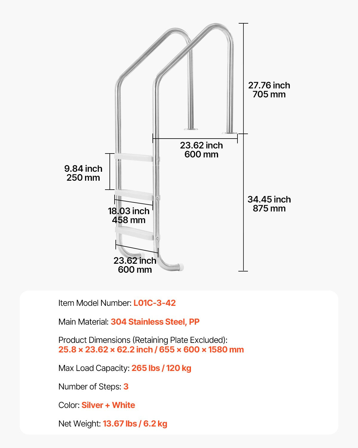 VEVOR Stainless Steel Pool Ladder 3-Step & 2 Handrails for 1219.2-1371.6 mm Pool 7