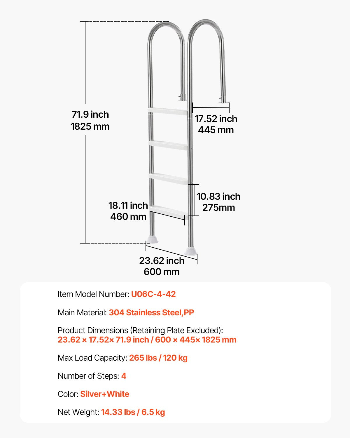 VEVOR 4-Step Stainless Steel Pool Ladder of 2 Handrail for 1371.6 mm Decked Pool 7