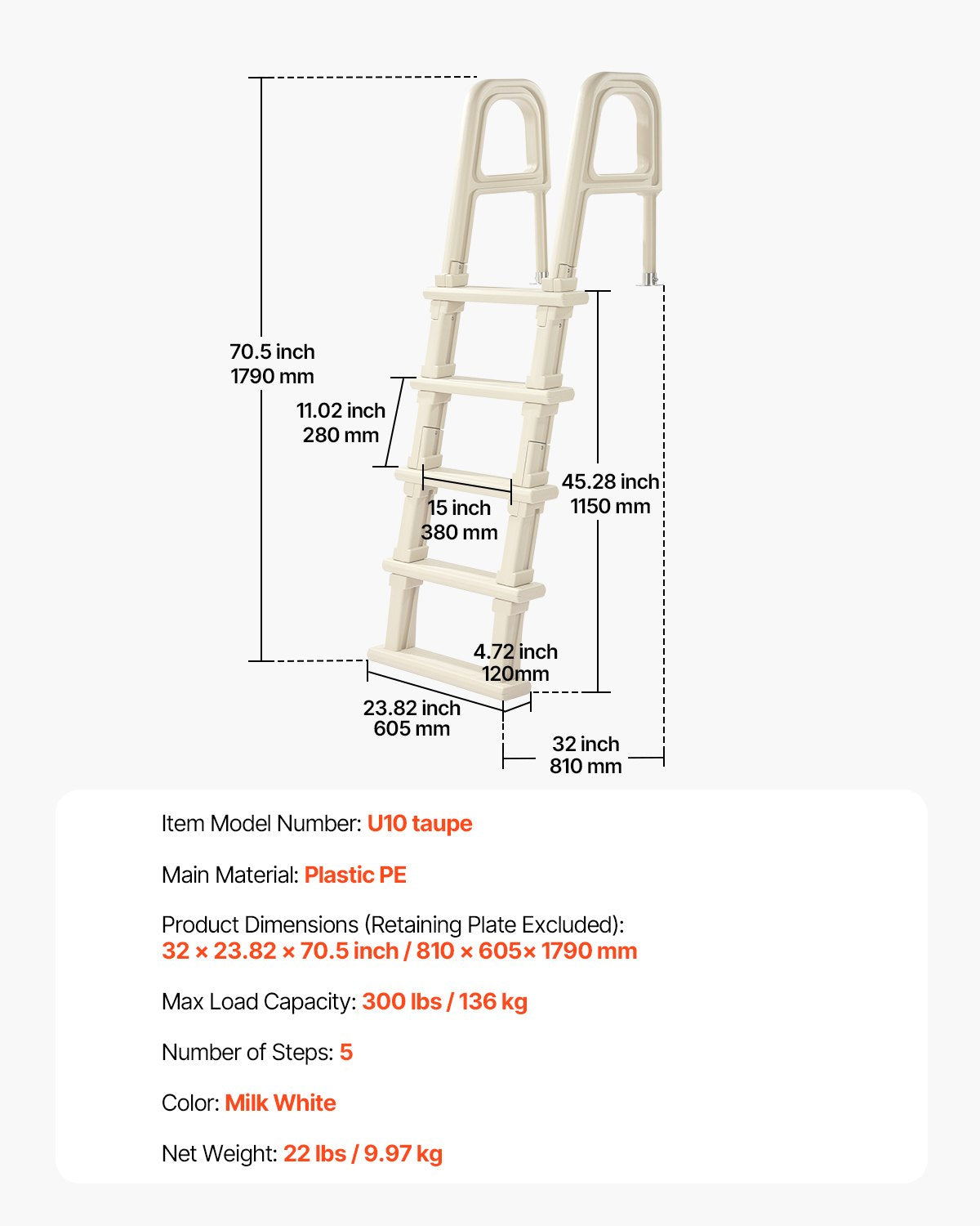 VEVOR 5-Step Inclined Robust Pool Ladder of 2 Handrails for 1219.2-1371.6mm Pool 7