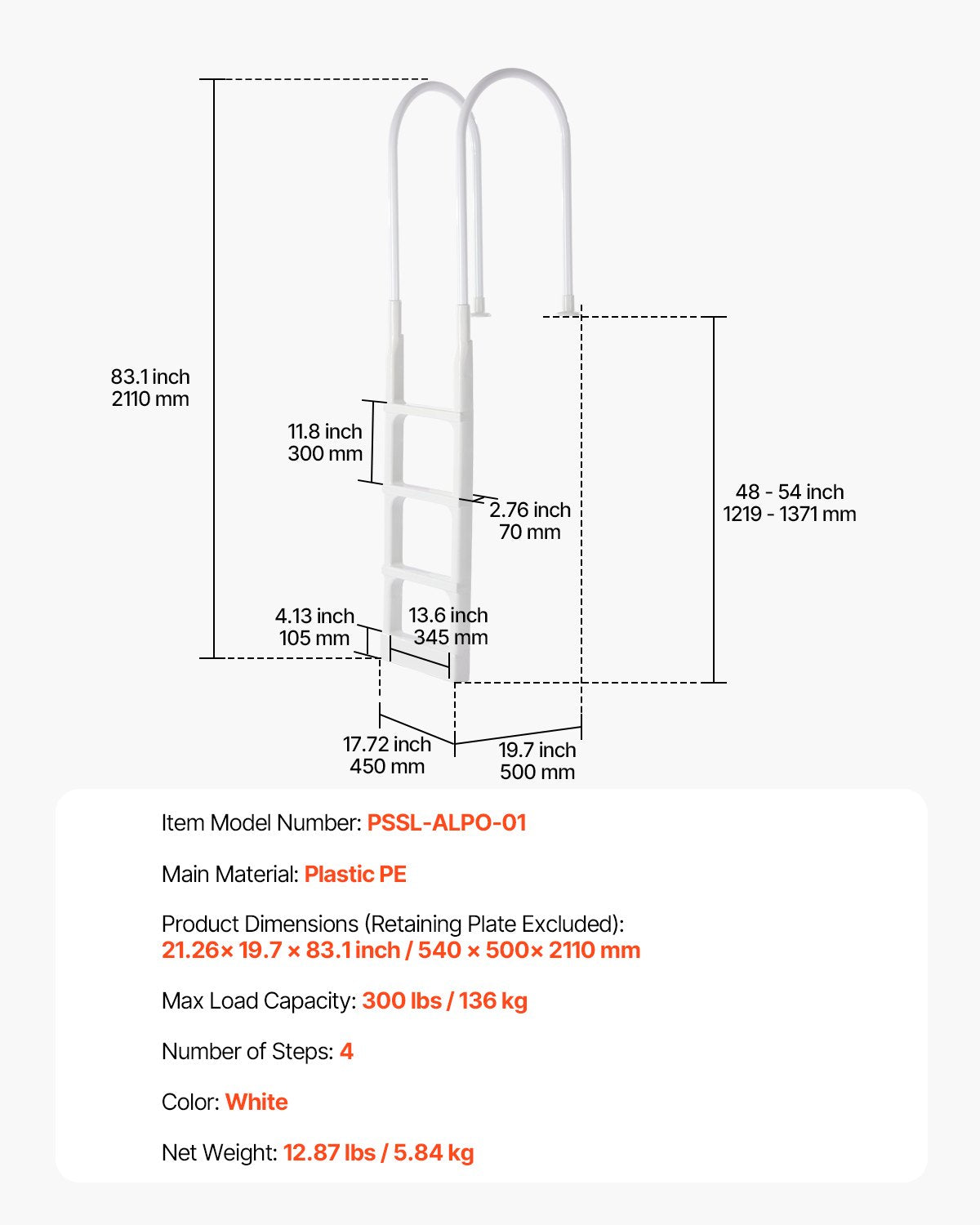 VEVOR Thickened 4-Step Pool Ladder of Double Handrails for 1219.2-1371.6mm Pool 7