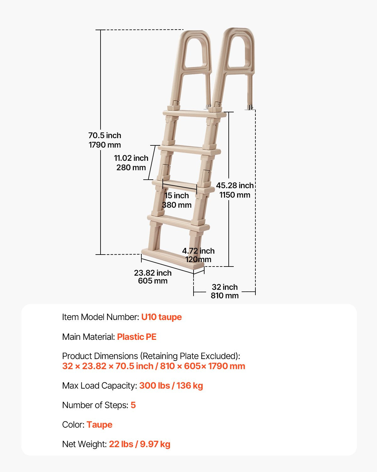 VEVOR 5-Step Inclined Robust Pool Ladder of 2 Handrails for 1219.2-1371.6mm Pool 7