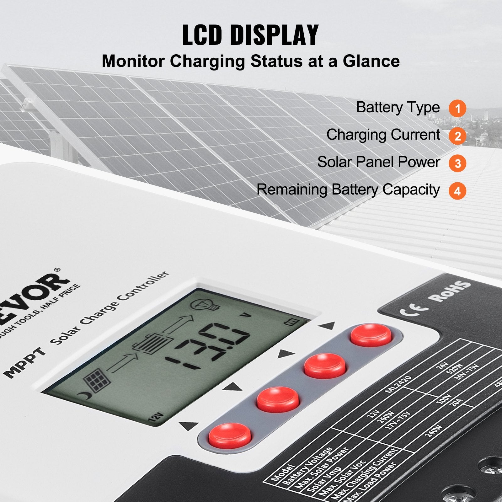VEVOR 20A MPPT Solar Charge Controller, Auto DC Input, Solar Panel Regulator Charger with LCD Display Temperature Sensor Cable, for Sealed(AGM), Gel, Flooded and Lithium Battery Charging 4