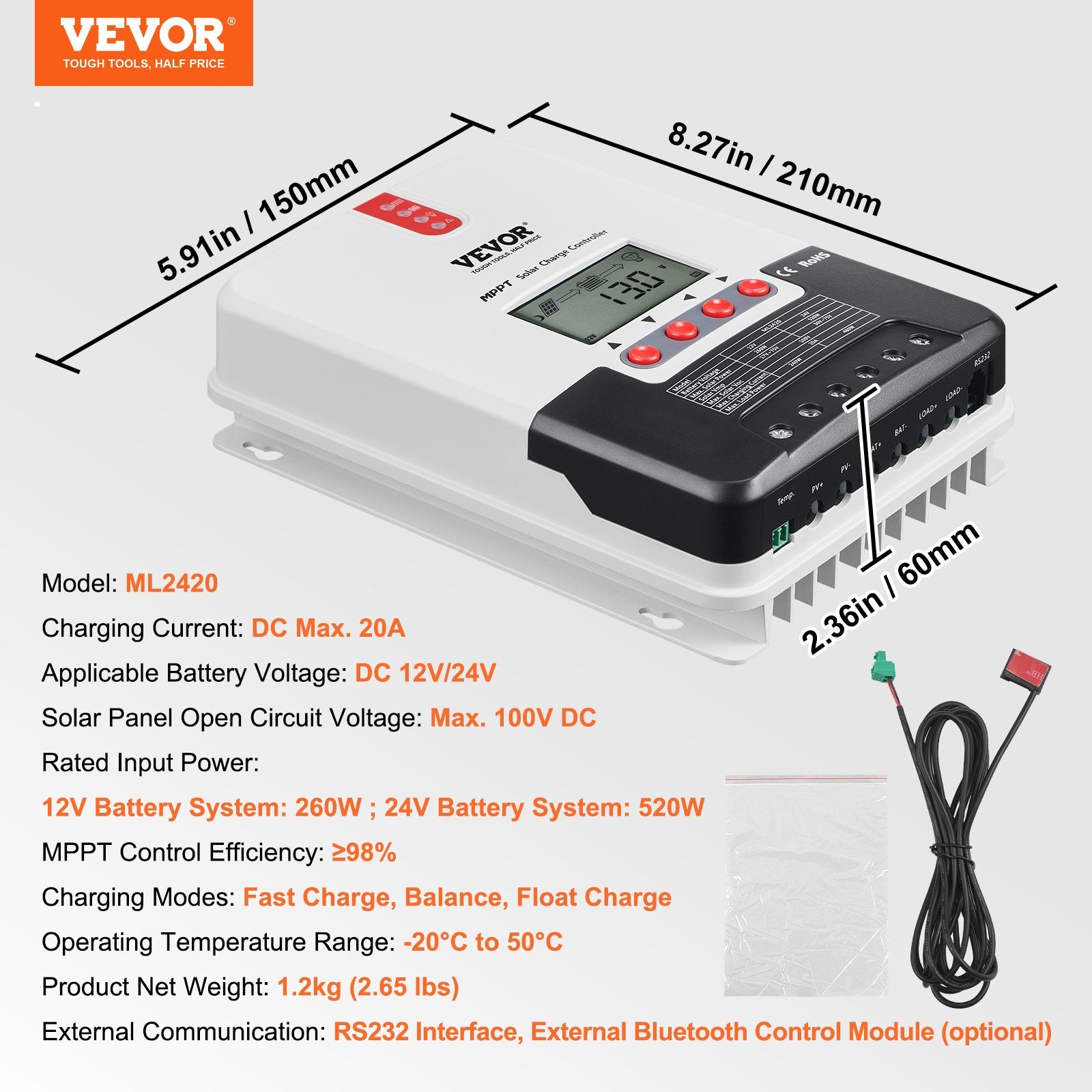 VEVOR 20A MPPT Solar Charge Controller, Auto DC Input, Solar Panel Regulator Charger with LCD Display Temperature Sensor Cable, for Sealed(AGM), Gel, Flooded and Lithium Battery Charging 7