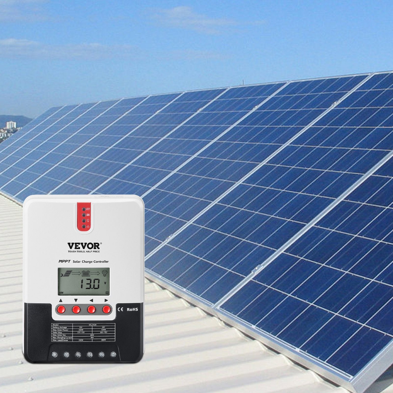VEVOR 20A MPPT Solar Charge Controller, Auto DC Input, Solar Panel Regulator Charger with LCD Display Temperature Sensor Cable, for Sealed(AGM), Gel, Flooded and Lithium Battery Charging 8