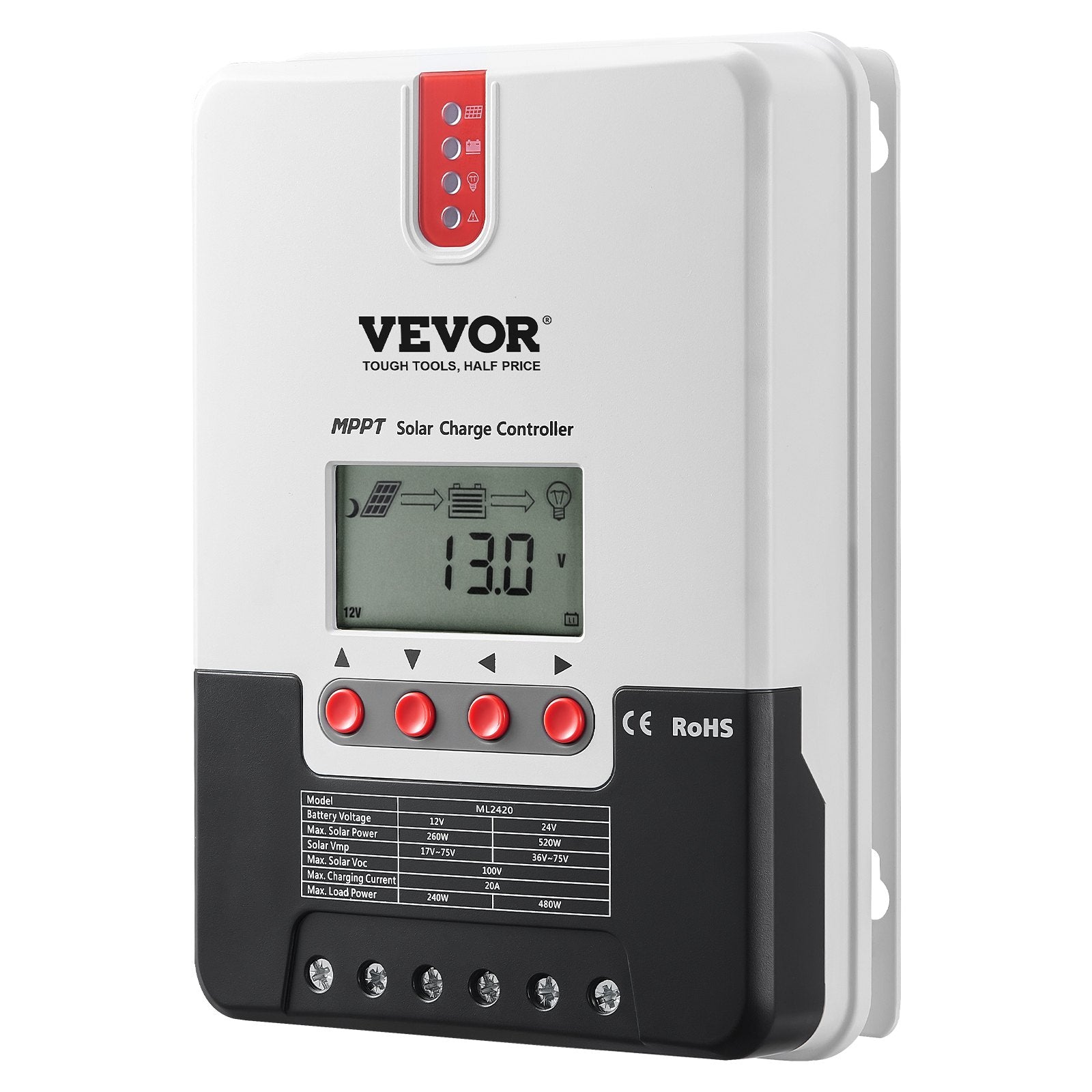 VEVOR 20A MPPT Solar Charge Controller, Auto DC Input, Solar Panel Regulator Charger with LCD Display Temperature Sensor Cable, for Sealed(AGM), Gel, Flooded and Lithium Battery Charging 9