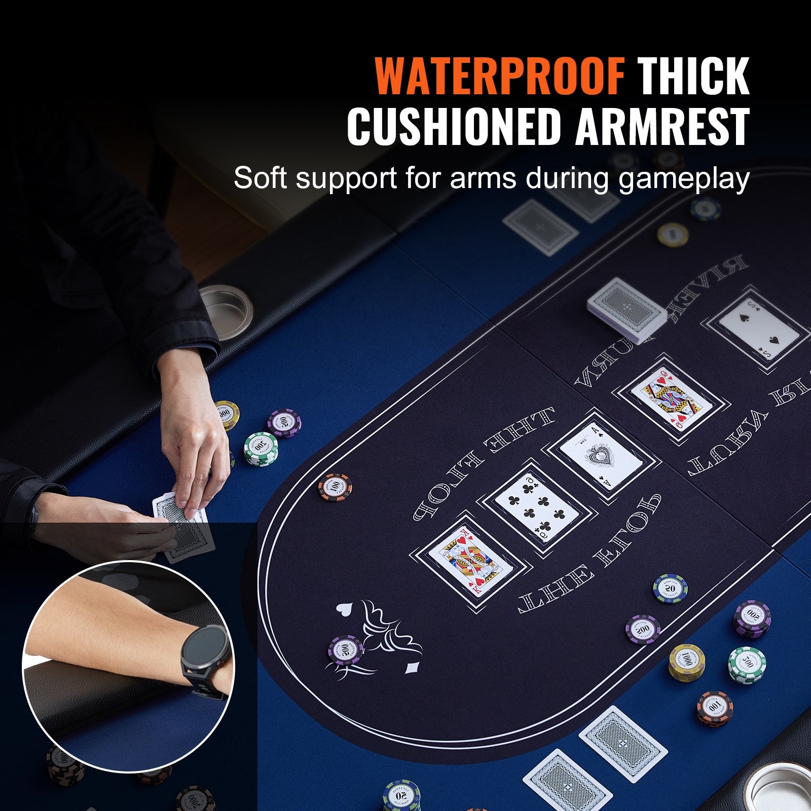 VEVOR 8 Player Foldable Poker Table, Blackjack Texas Holdem Poker Table with Padded Rails and Stainless Steel Cup Holders, Portable Folding Card Board Game Table,183cm Oval Casino Leisure Table, Blue 4