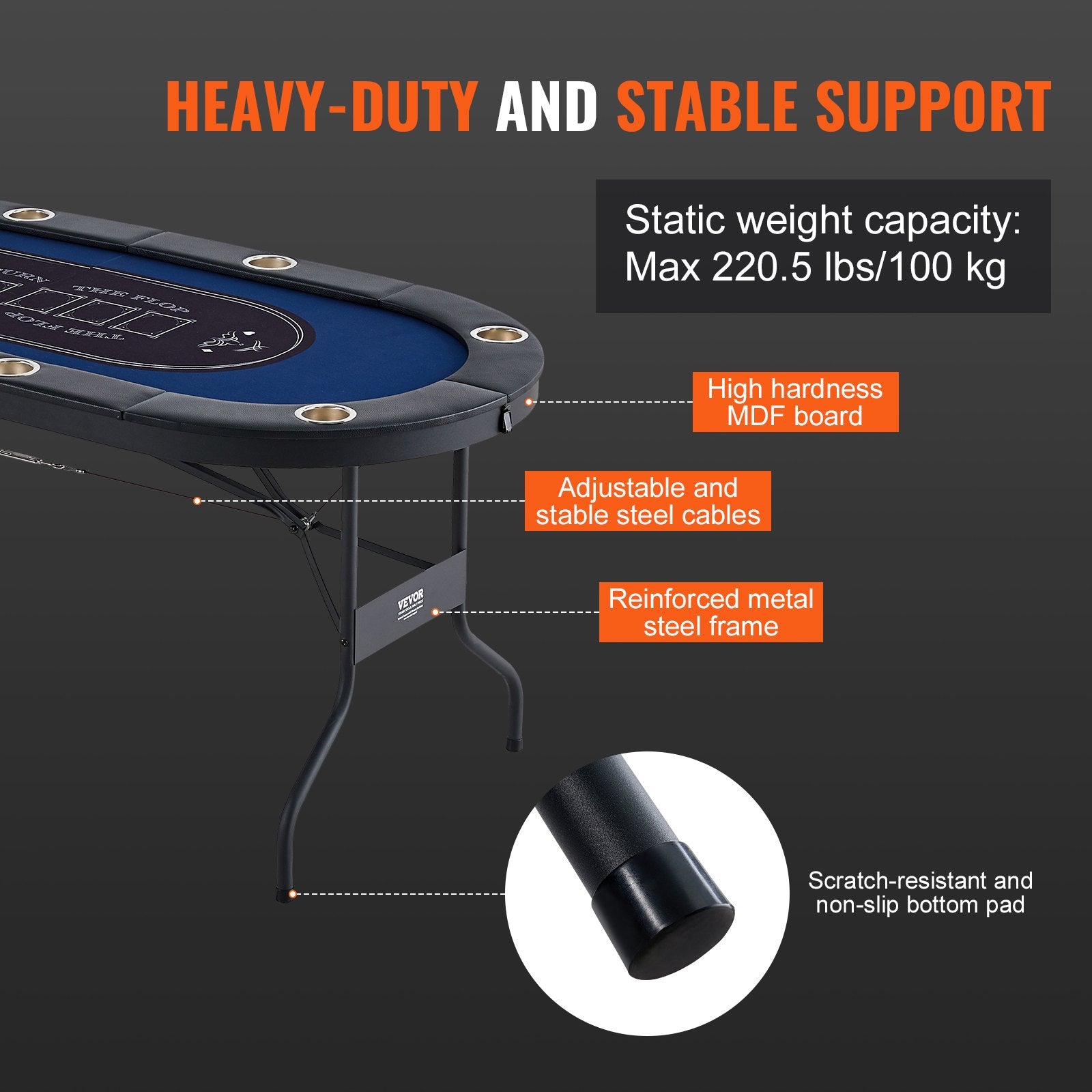 VEVOR 8 Player Foldable Poker Table, Blackjack Texas Holdem Poker Table with Padded Rails and Stainless Steel Cup Holders, Portable Folding Card Board Game Table,183cm Oval Casino Leisure Table, Blue 6