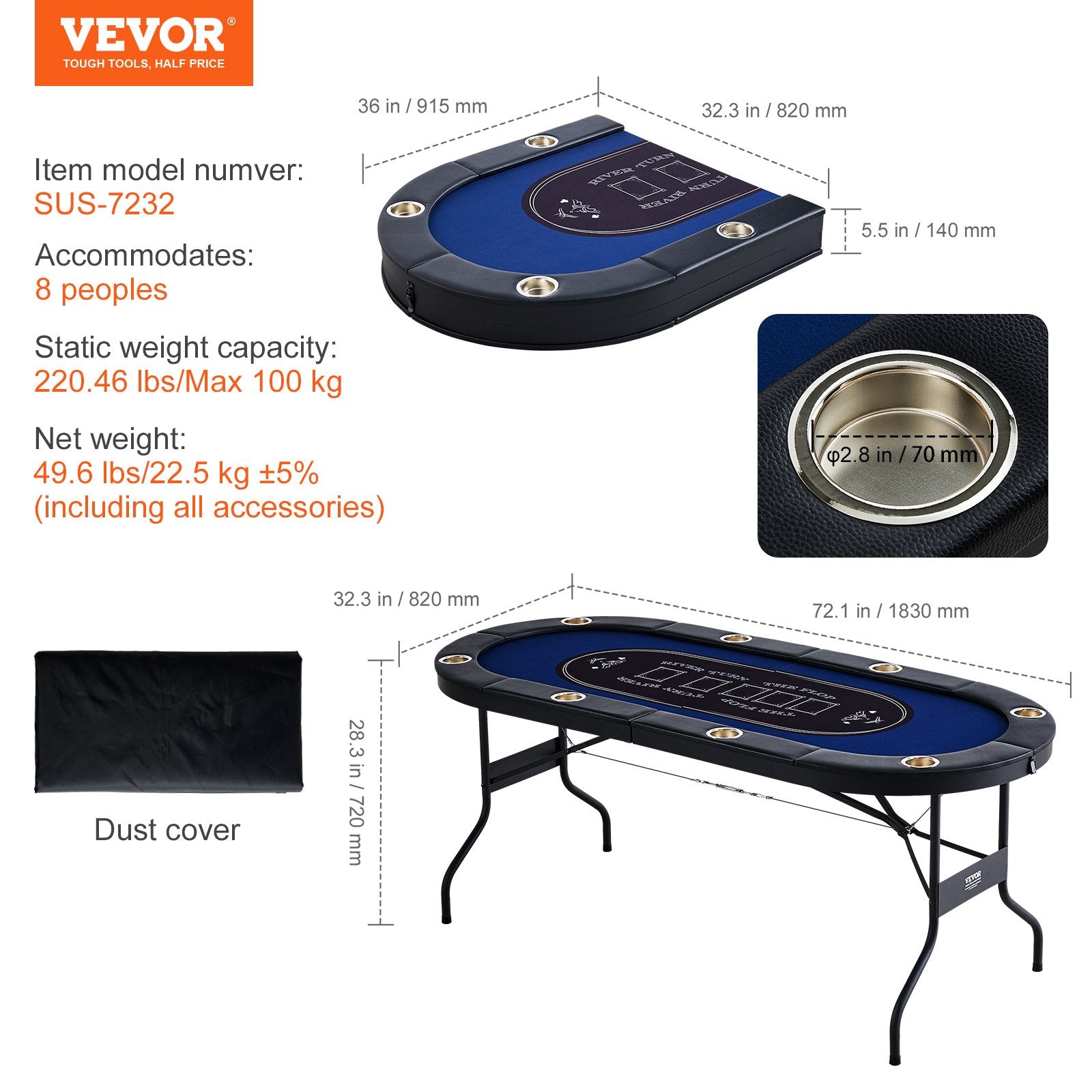 VEVOR 8 Player Foldable Poker Table, Blackjack Texas Holdem Poker Table with Padded Rails and Stainless Steel Cup Holders, Portable Folding Card Board Game Table,183cm Oval Casino Leisure Table, Blue 7