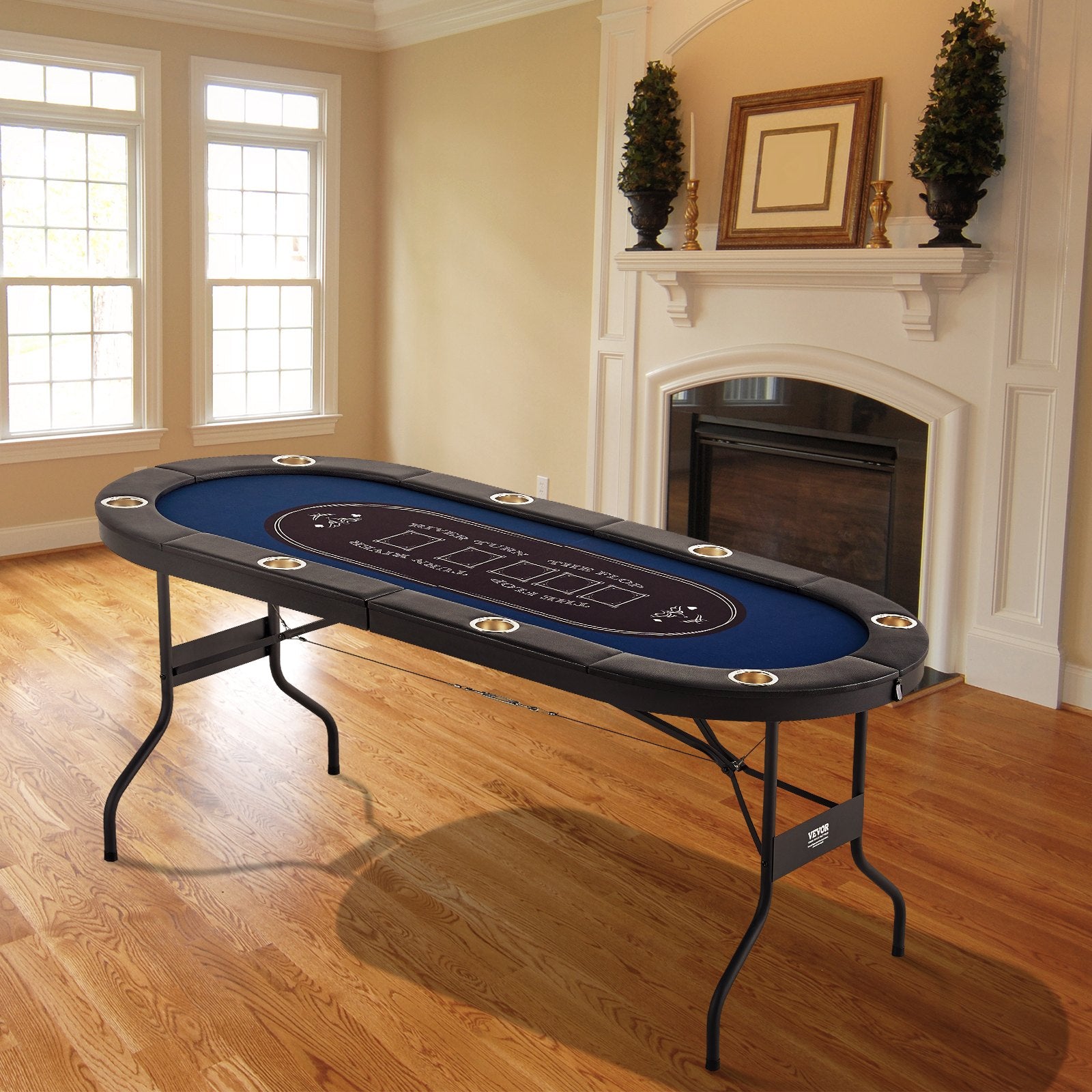 VEVOR 8 Player Foldable Poker Table, Blackjack Texas Holdem Poker Table with Padded Rails and Stainless Steel Cup Holders, Portable Folding Card Board Game Table,183cm Oval Casino Leisure Table, Blue 8