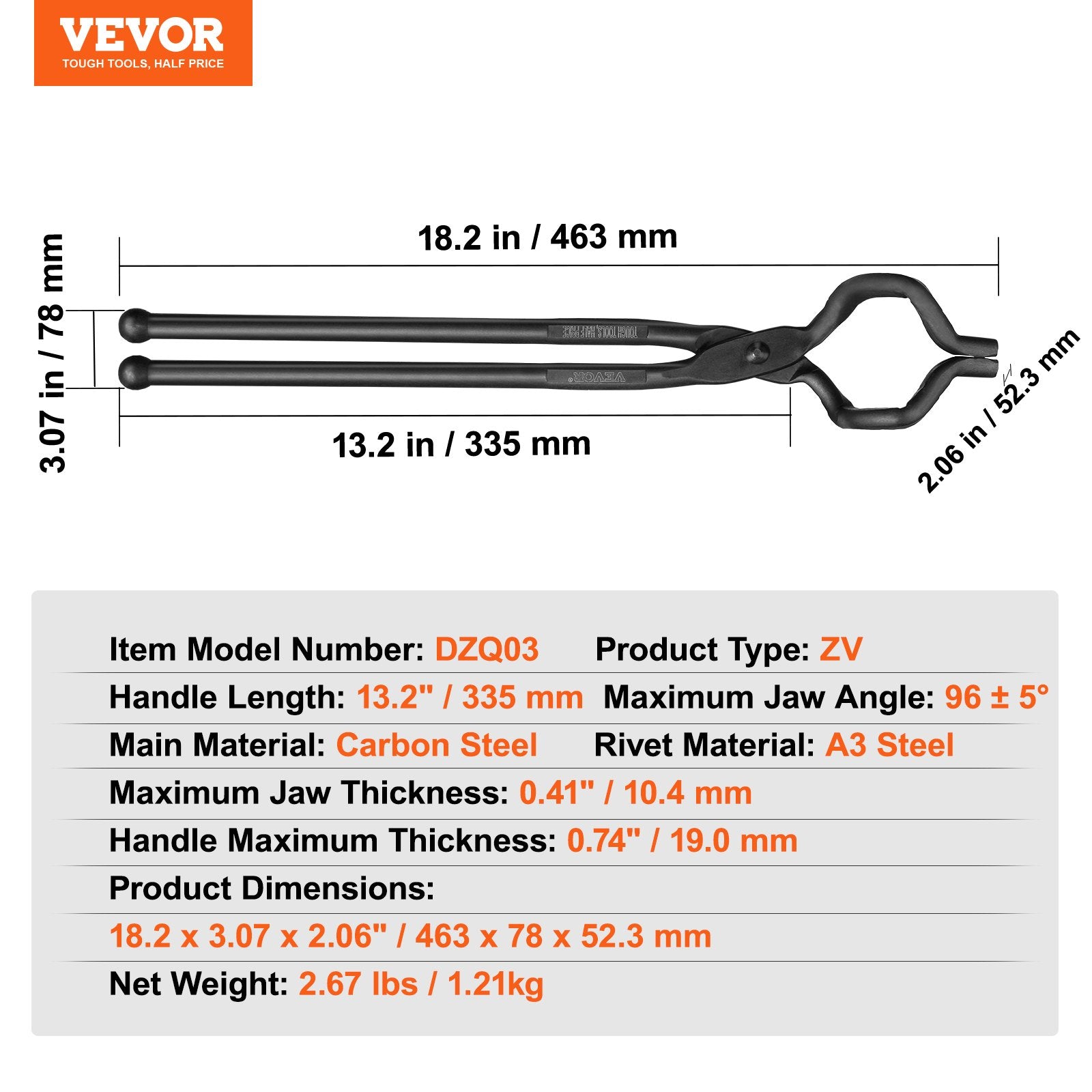 VEVOR Blacksmith Tongs, 463mm Z V-Bit Tongs, Carbon Steel Forge Tongs with A3 Steel Rivets, for Knife Blades, Long Pieces, Circular Forgings, for Beginner and Seasoned Blacksmiths and Bladesmiths 7