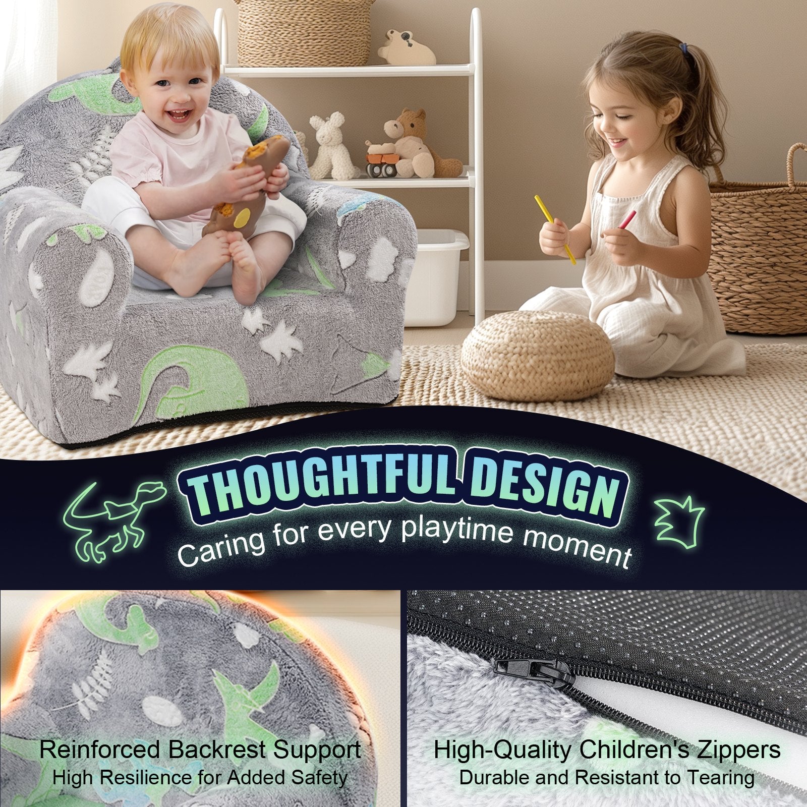 VEVOR Toddler Chair Glow in the Dark Plush Baby Chair Playroom Furniture Grey 5