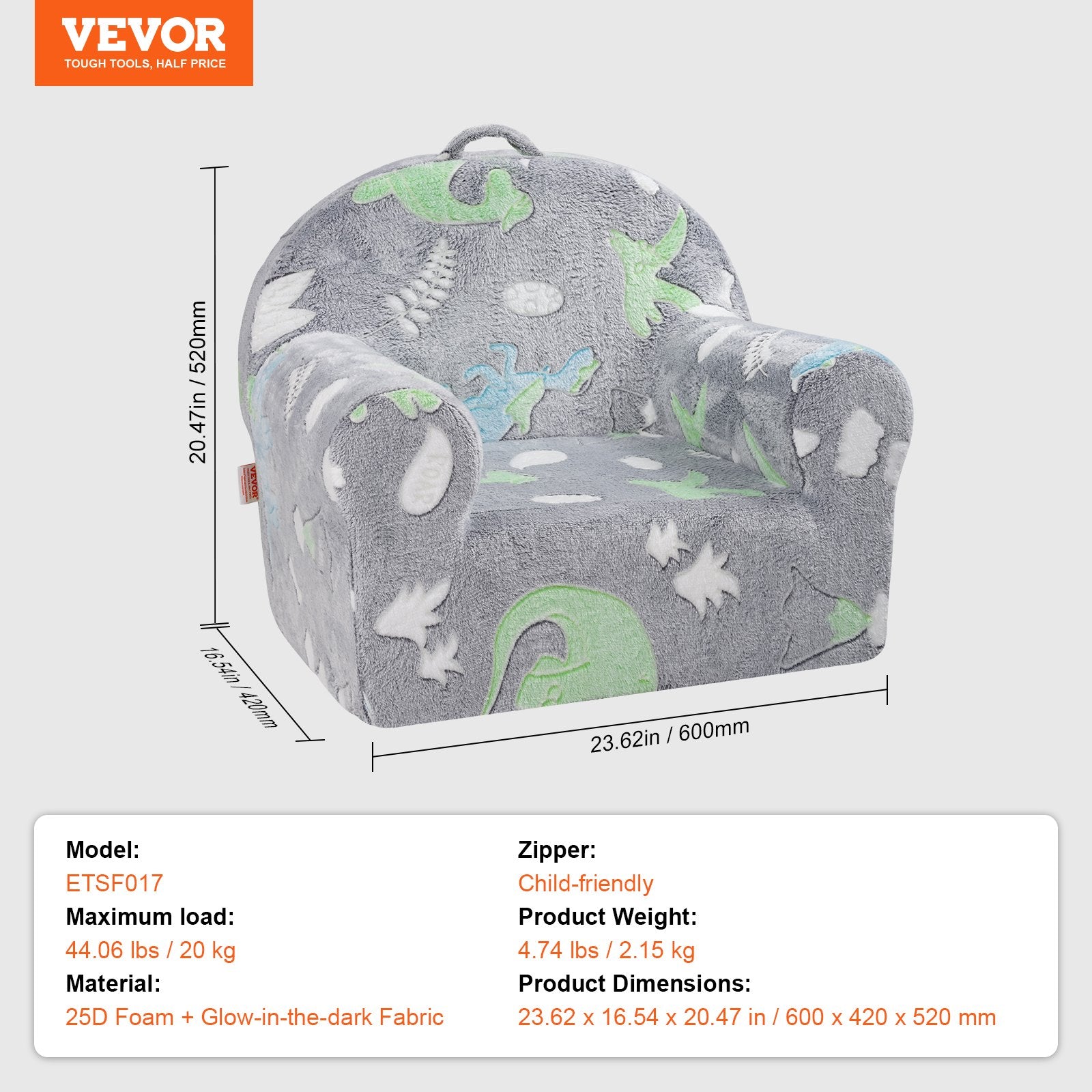 VEVOR Toddler Chair Glow in the Dark Plush Baby Chair Playroom Furniture Grey 7