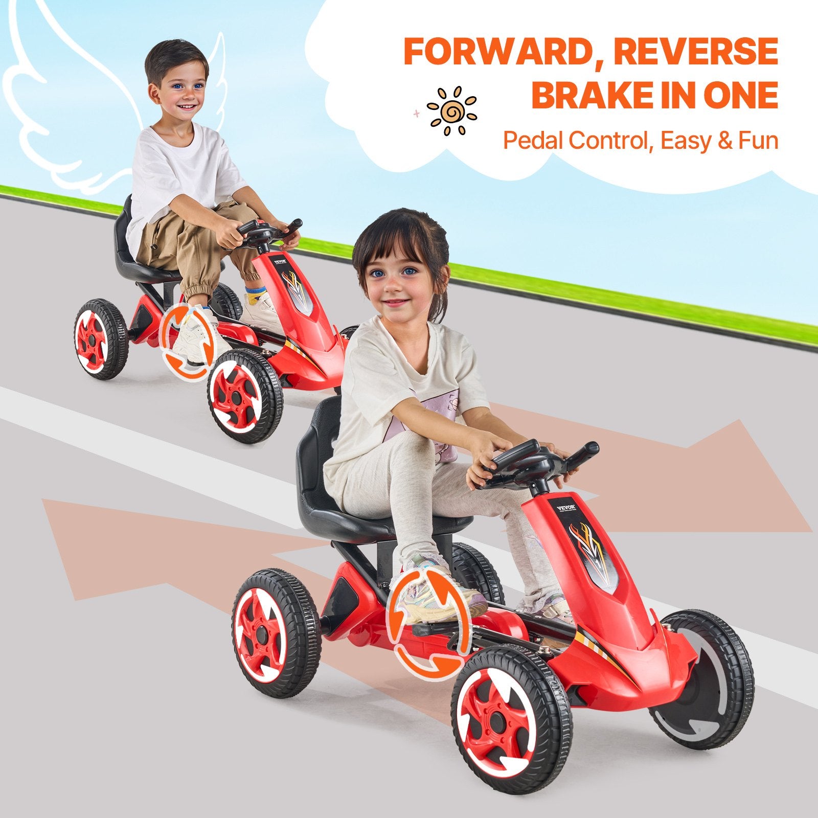 VEVOR Go Kart 4 Wheel Pedal Ride On Toy for Kids Ages 3-8 Adjustable Seat Red 3