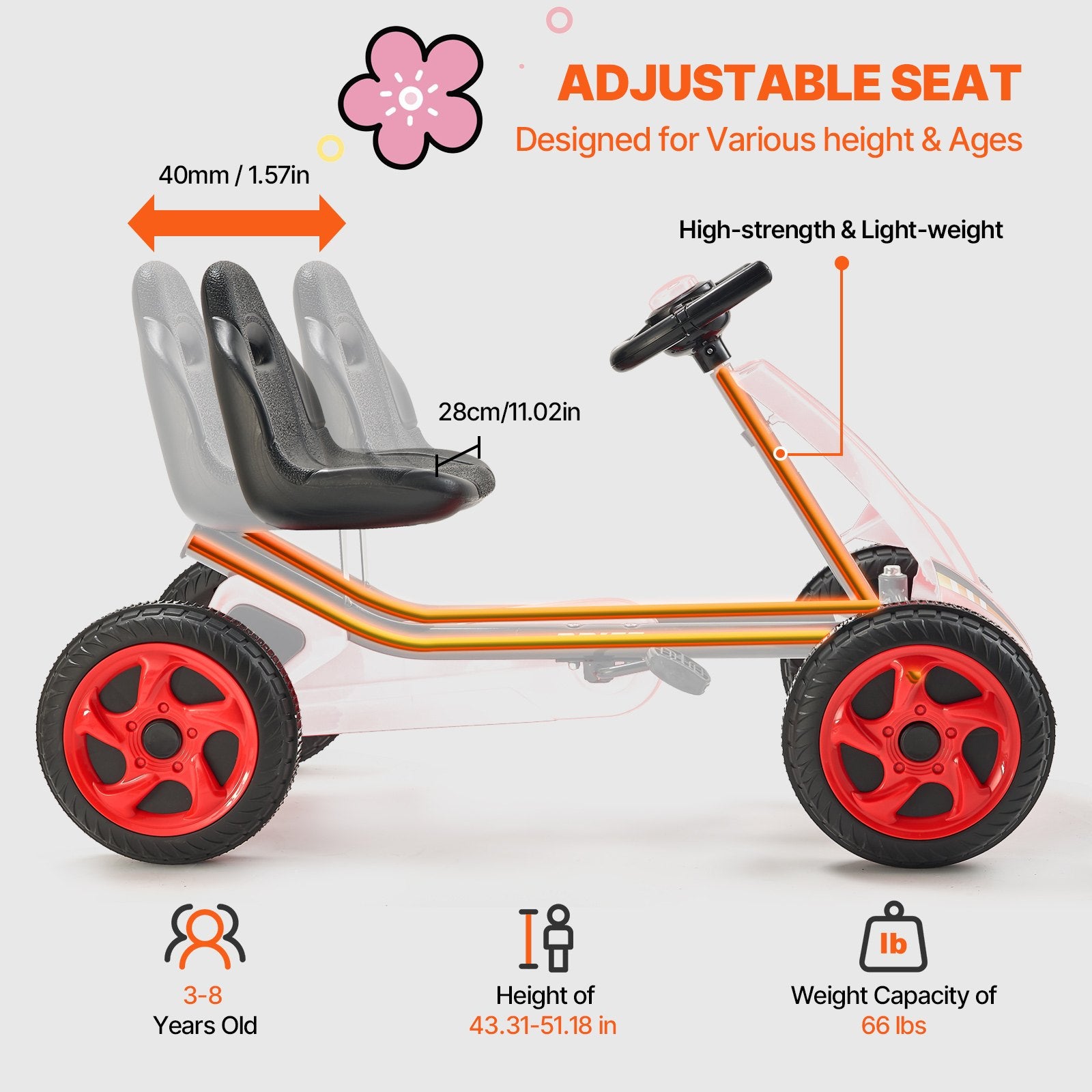 VEVOR Go Kart 4 Wheel Pedal Ride On Toy for Kids Ages 3-8 Adjustable Seat Red 4