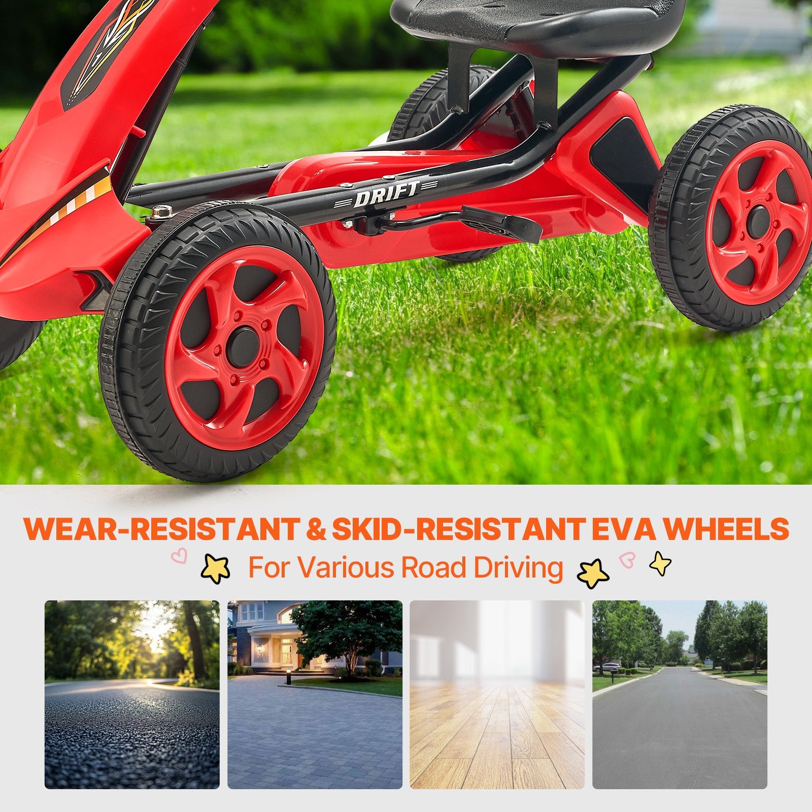 VEVOR Go Kart 4 Wheel Pedal Ride On Toy for Kids Ages 3-8 Adjustable Seat Red 5