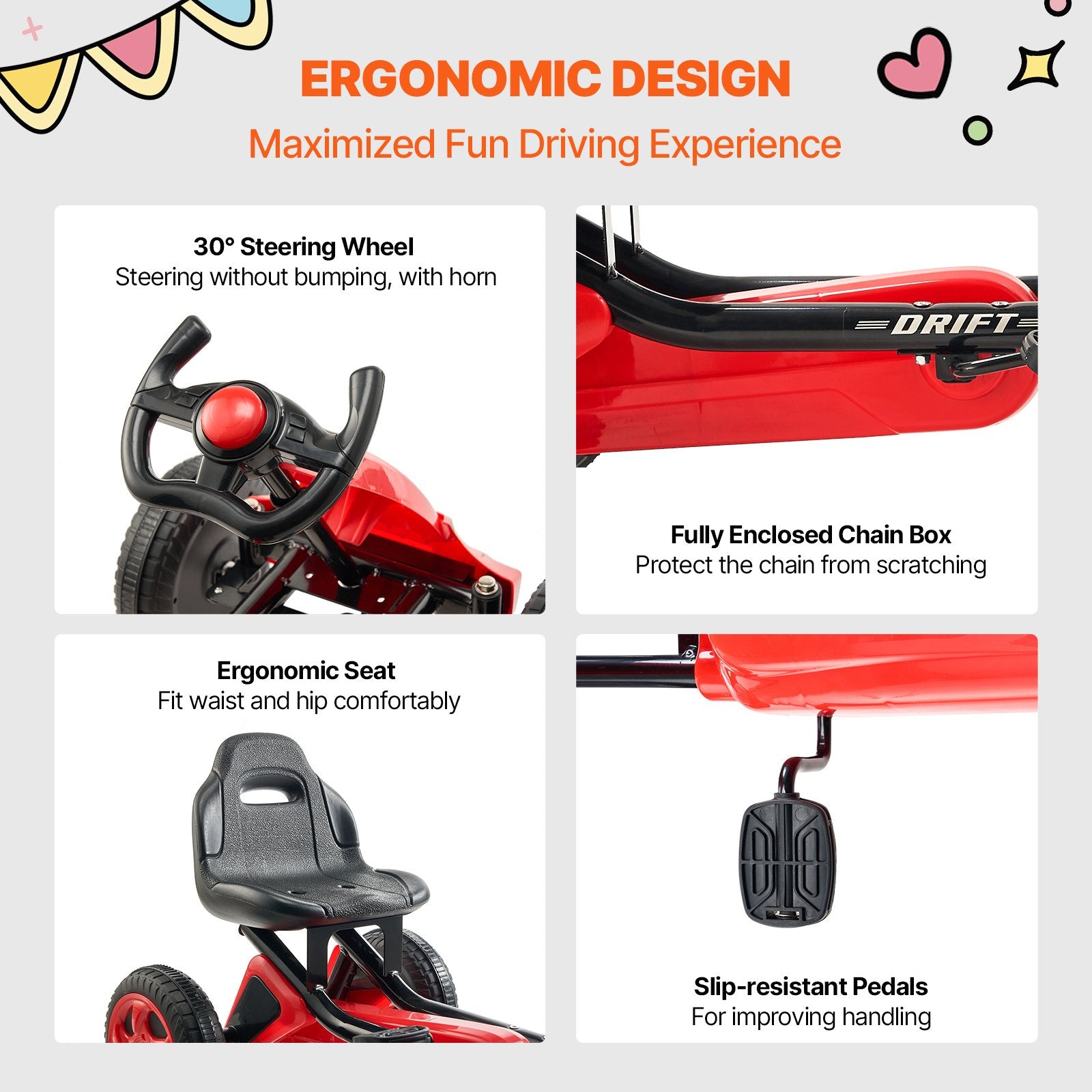 VEVOR Go Kart 4 Wheel Pedal Ride On Toy for Kids Ages 3-8 Adjustable Seat Red 6