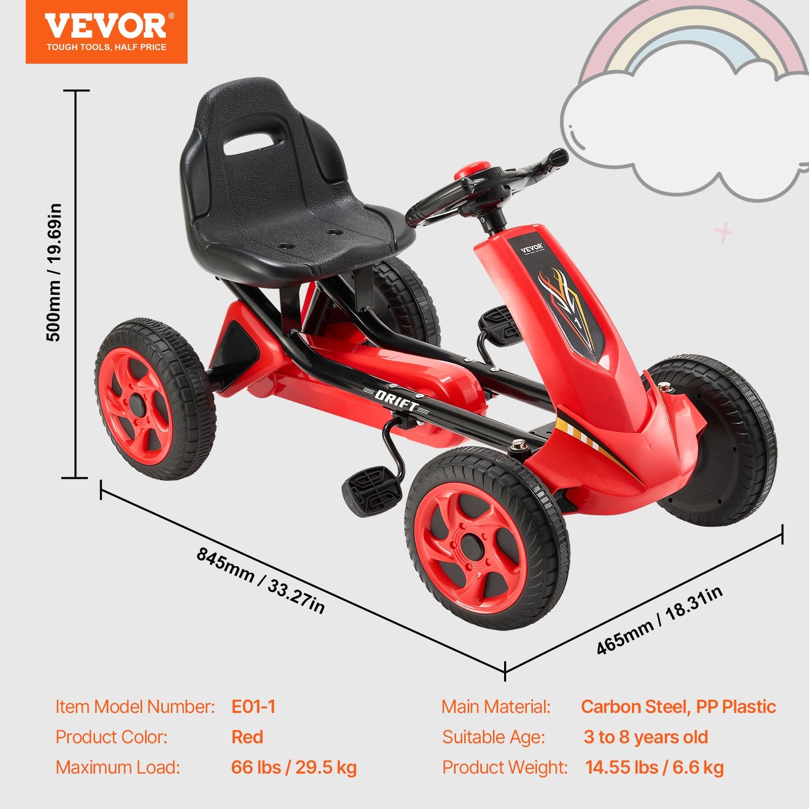 VEVOR Go Kart 4 Wheel Pedal Ride On Toy for Kids Ages 3-8 Adjustable Seat Red 7