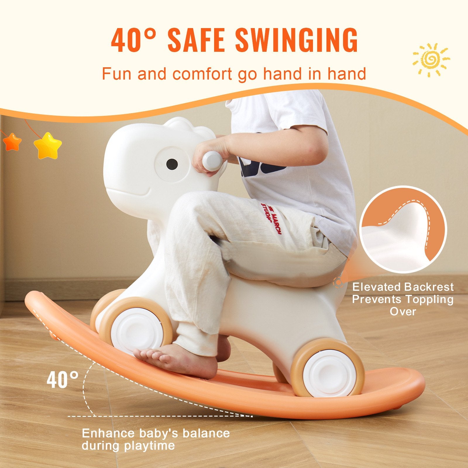 VEVOR 3 in 1 Rocking Horse for Toddlers 1-3 Years, Baby Rocking Horse with Detachable Balance Board and 4 Smooth Wheels, Support up to 80 lbs HDPE Material Kids Ride on Toy, Swinging, Orange 4