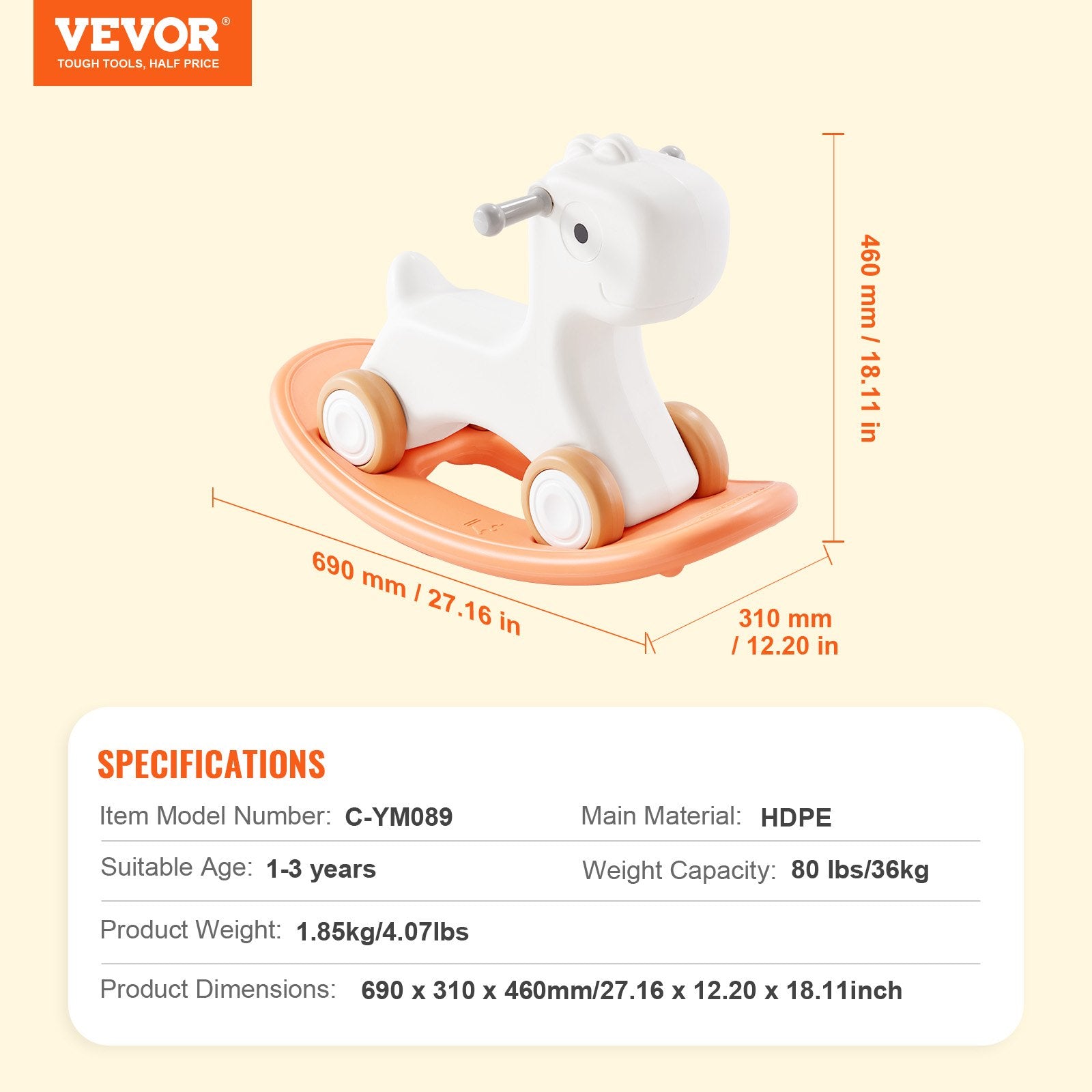 VEVOR 3 in 1 Rocking Horse for Toddlers 1-3 Years, Baby Rocking Horse with Detachable Balance Board and 4 Smooth Wheels, Support up to 80 lbs HDPE Material Kids Ride on Toy, Swinging, Orange 7