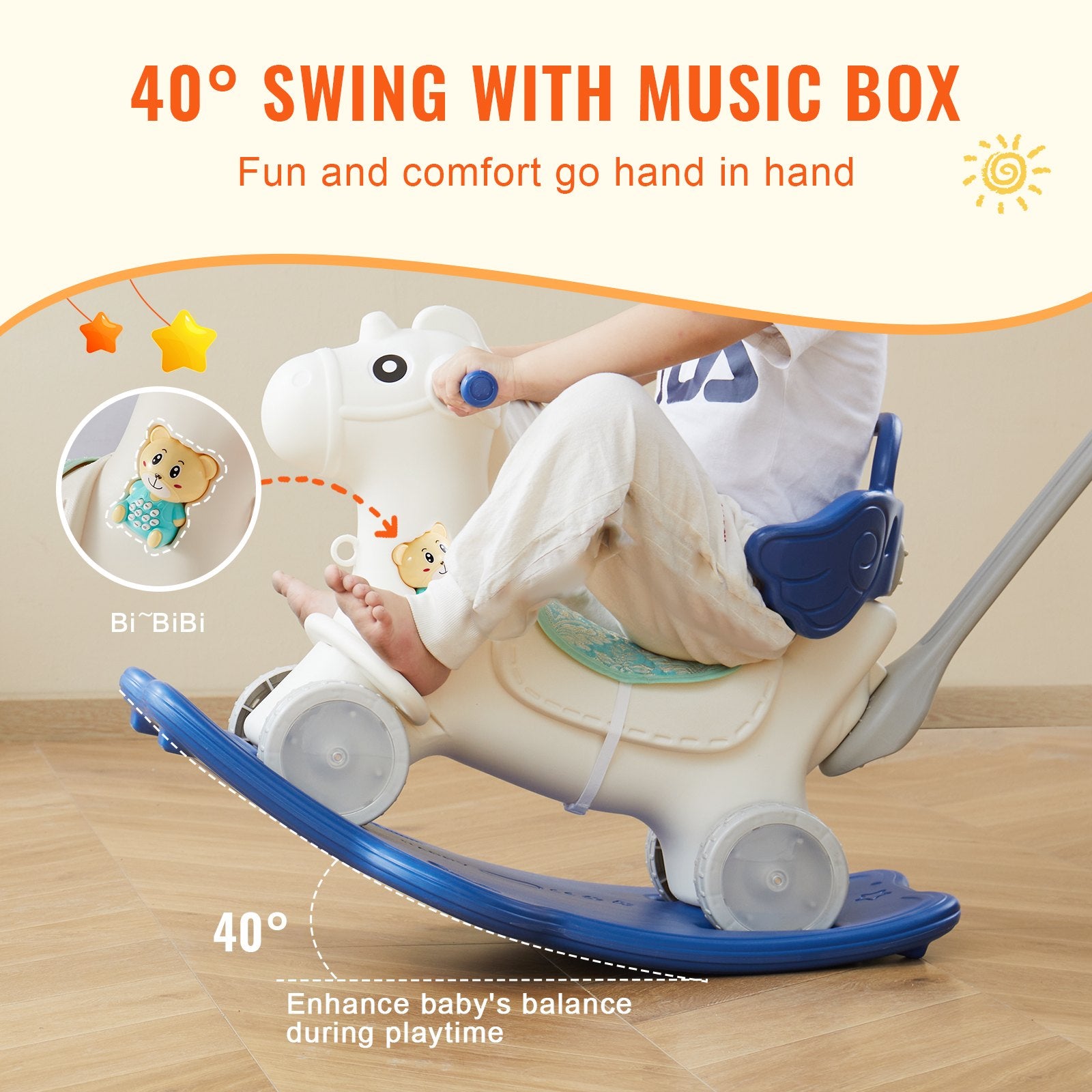 VEVOR 4 in 1 Rocking Horse for Toddlers 1-3 Years, Baby Rocking Horse with Detachable Balance Board, Push Handle and 4 Smooth Wheels, Support up to 80 lbs HDPE Kids Ride on Toy with Sound, Blue 4
