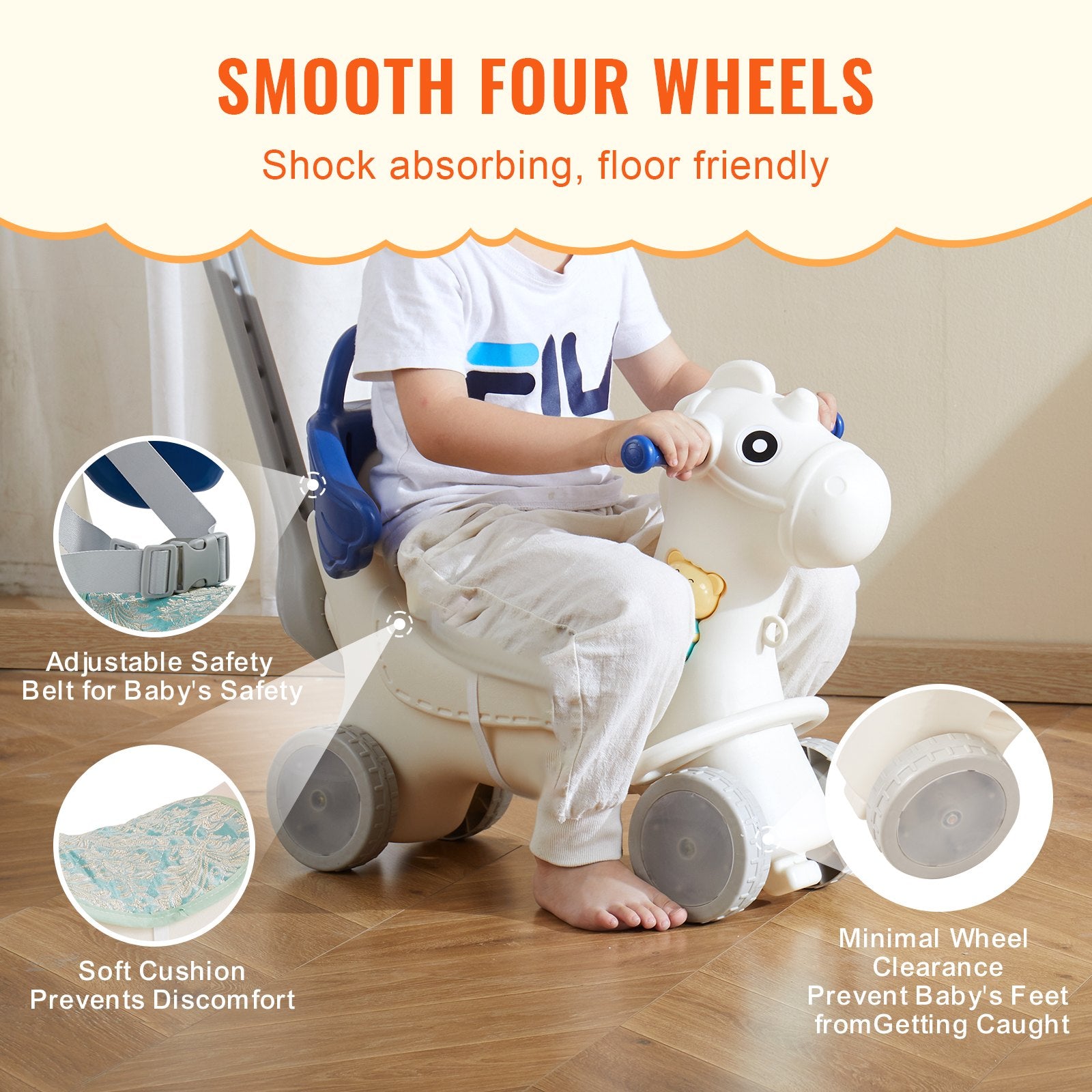 VEVOR 4 in 1 Rocking Horse for Toddlers 1-3 Years, Baby Rocking Horse with Detachable Balance Board, Push Handle and 4 Smooth Wheels, Support up to 80 lbs HDPE Kids Ride on Toy with Sound, Blue 5