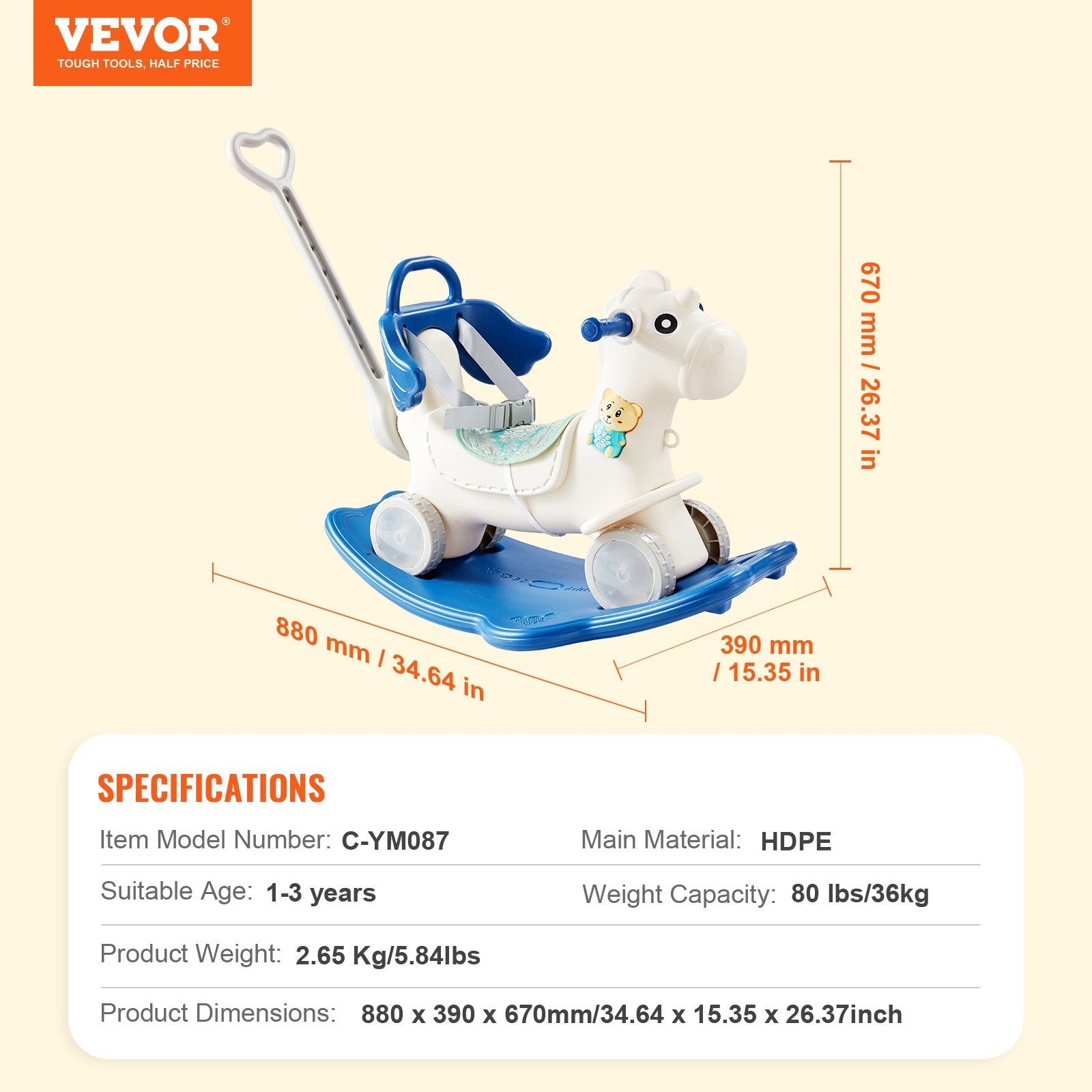 VEVOR 4 in 1 Rocking Horse for Toddlers 1-3 Years, Baby Rocking Horse with Detachable Balance Board, Push Handle and 4 Smooth Wheels, Support up to 80 lbs HDPE Kids Ride on Toy with Sound, Blue 7