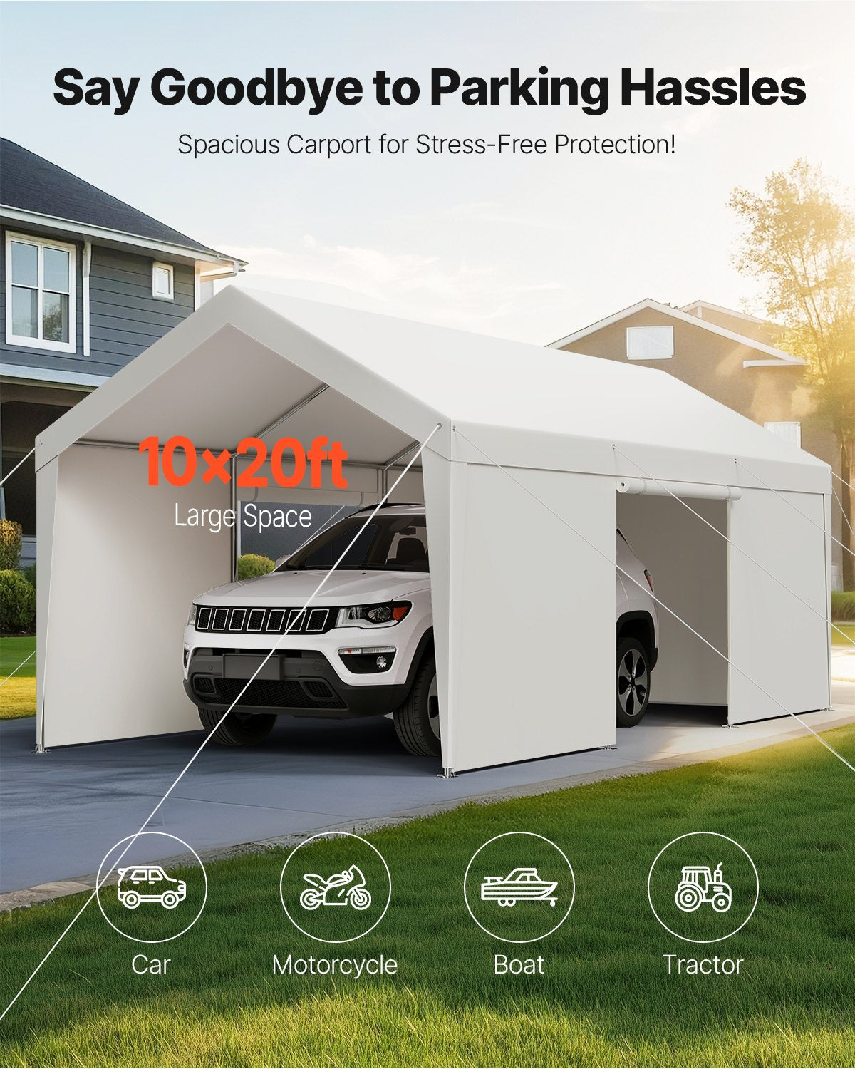 VEVOR Carport Car Canopy 10x20FT Heavy Duty Car Shelter with Sidewalls White