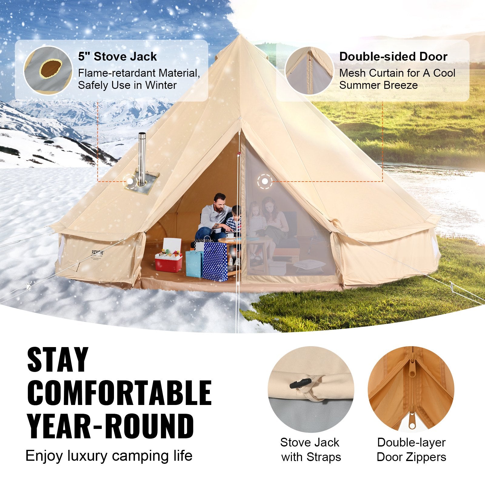 VEVOR Canvas Bell Tent 3m/9.8ft 4-Season Canvas Tent for Camping with Stove Jack 3