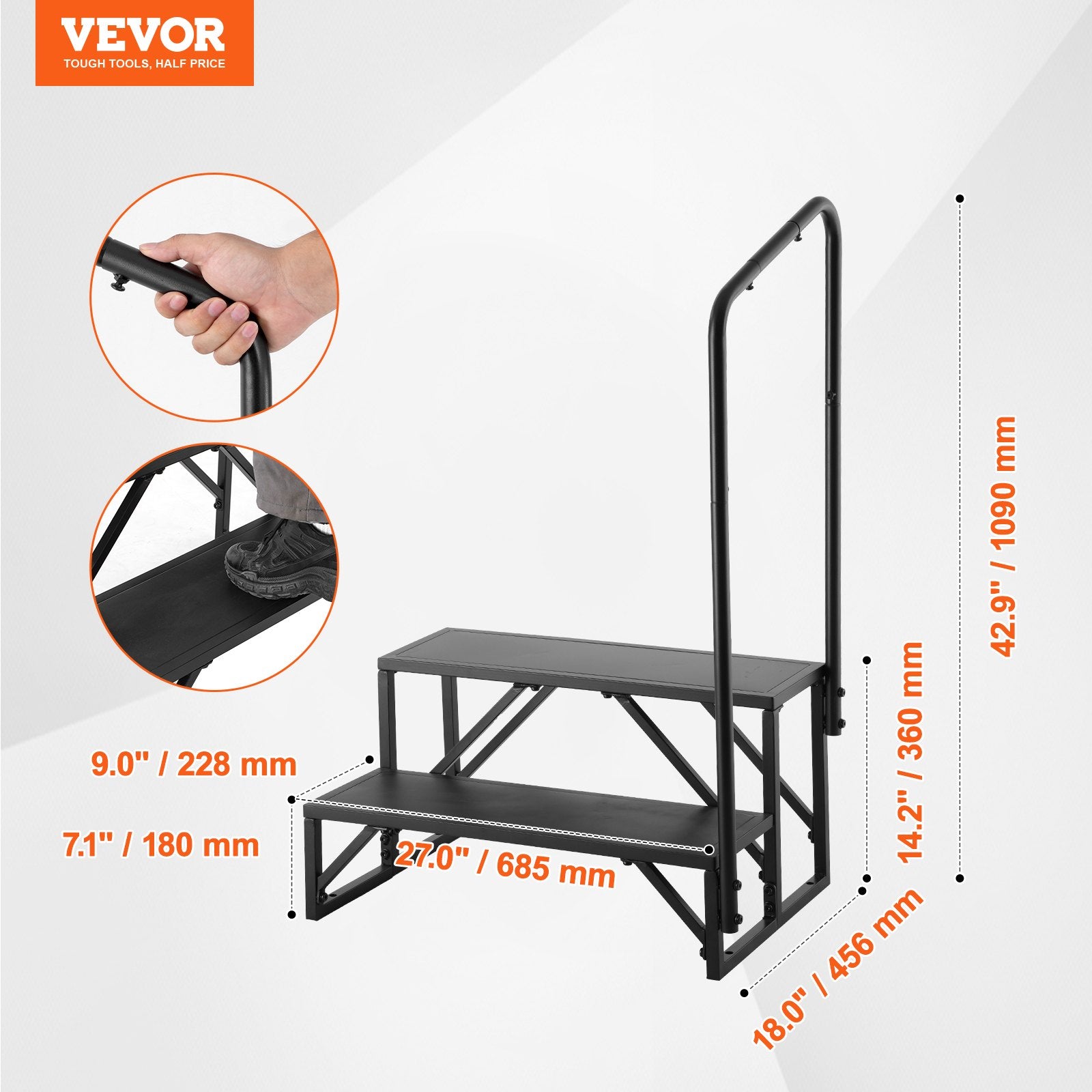 VEVOR RV Steps, 2-Step RV Stairs, 199.58KGS Load Capacity, Thickened Carbon Steel, With Handrail, Non-Slip Steps for Safe Entry and Exit, Suit for RV, Trailer, Camper Steps 7