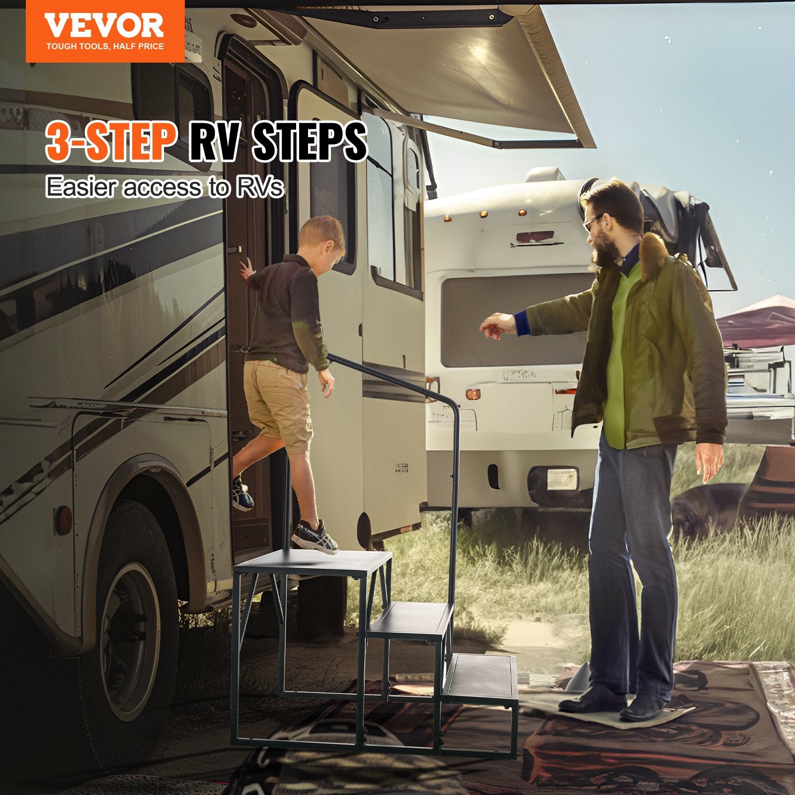 VEVOR RV Steps, 3-Step RV Stairs, 199.58KGS  Load Capacity, Thickened Carbon Steel, With Handrail, Non-Slip Steps for Safe Entry and Exit, Suit for RV, Trailer, Camper Steps