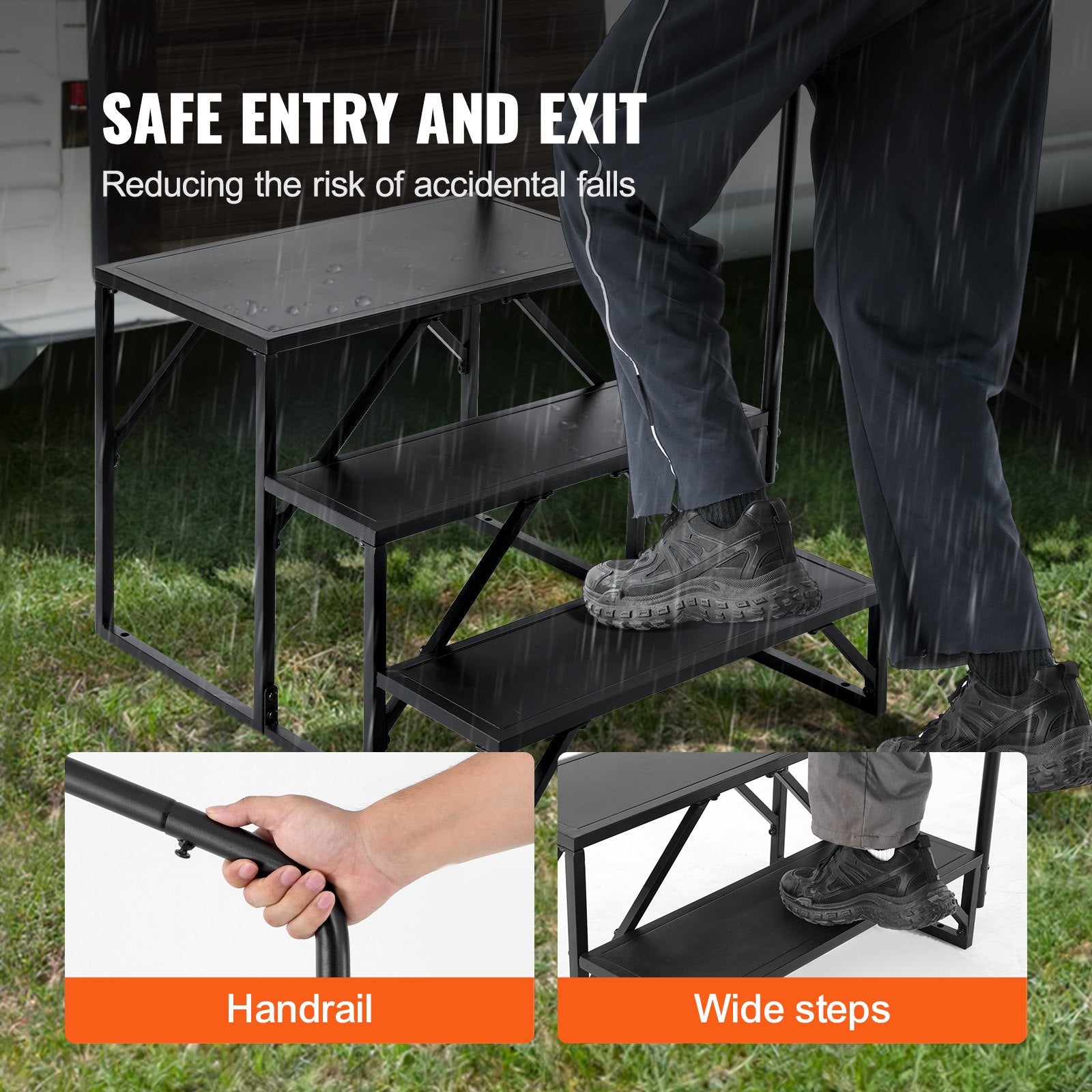 VEVOR RV Steps, 3-Step RV Stairs, 199.58KGS  Load Capacity, Thickened Carbon Steel, With Handrail, Non-Slip Steps for Safe Entry and Exit, Suit for RV, Trailer, Camper Steps 4