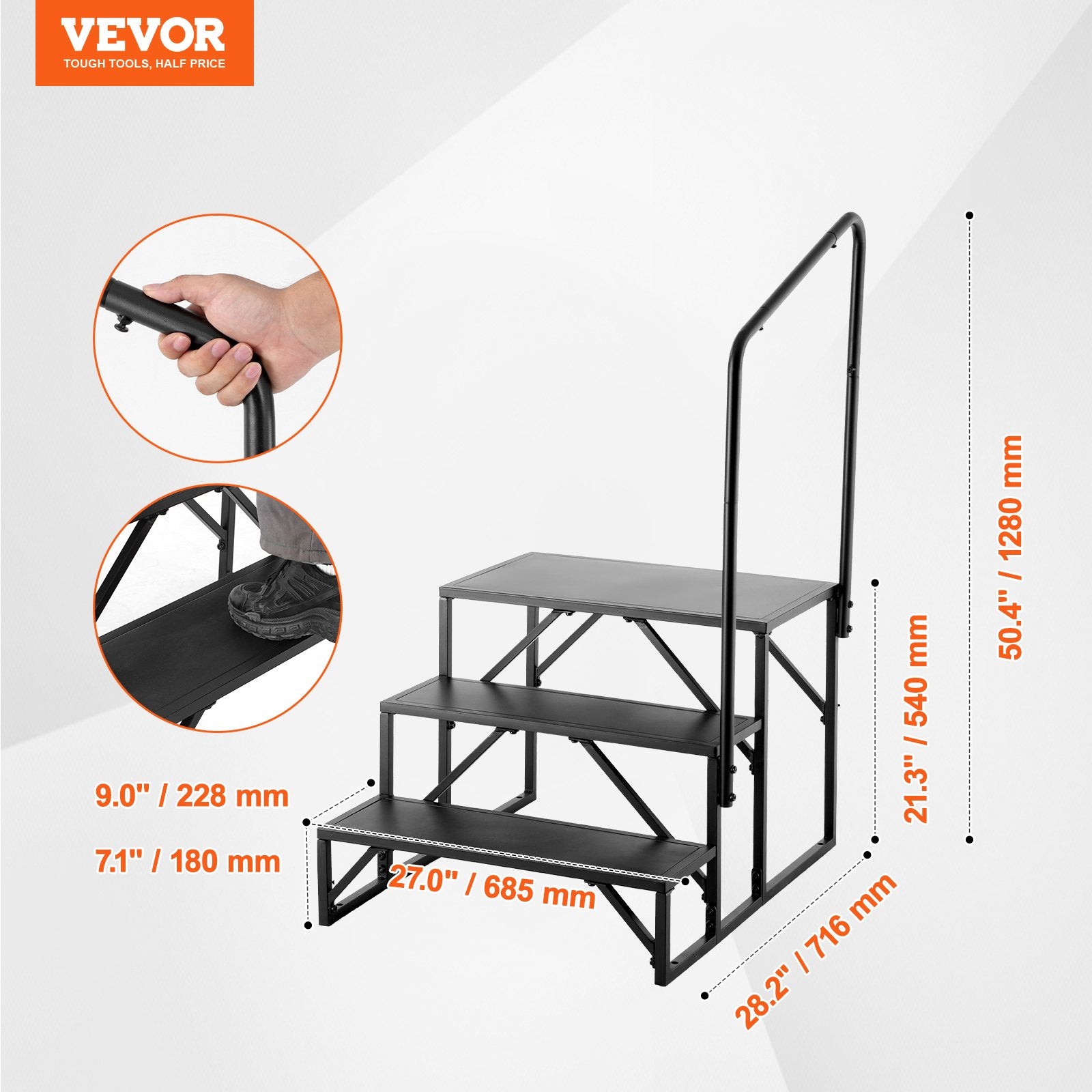 VEVOR RV Steps, 3-Step RV Stairs, 199.58KGS  Load Capacity, Thickened Carbon Steel, With Handrail, Non-Slip Steps for Safe Entry and Exit, Suit for RV, Trailer, Camper Steps 7