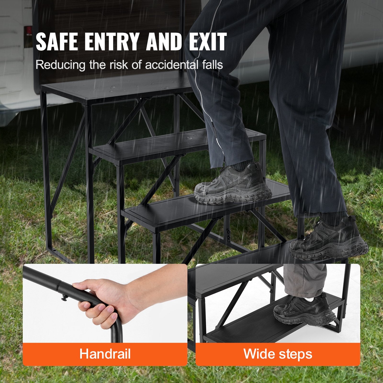 VEVOR RV Steps, 4-Step RV Stairs, 199.58KGS Load Capacity, Thickened Carbon Steel, With Handrail, Non-Slip Steps for Safe Entry and Exit, Suit for RV, Trailer, Camper Steps 4