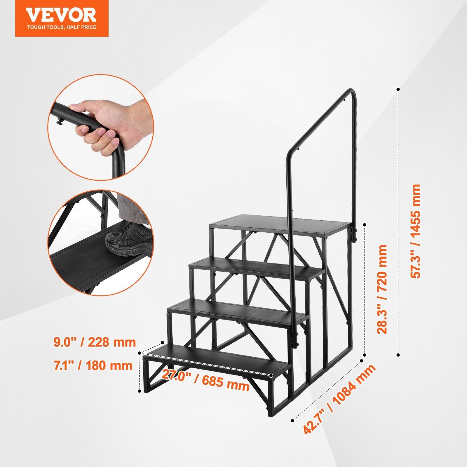 VEVOR RV Steps, 4-Step RV Stairs, 199.58KGS Load Capacity, Thickened Carbon Steel, With Handrail, Non-Slip Steps for Safe Entry and Exit, Suit for RV, Trailer, Camper Steps 7