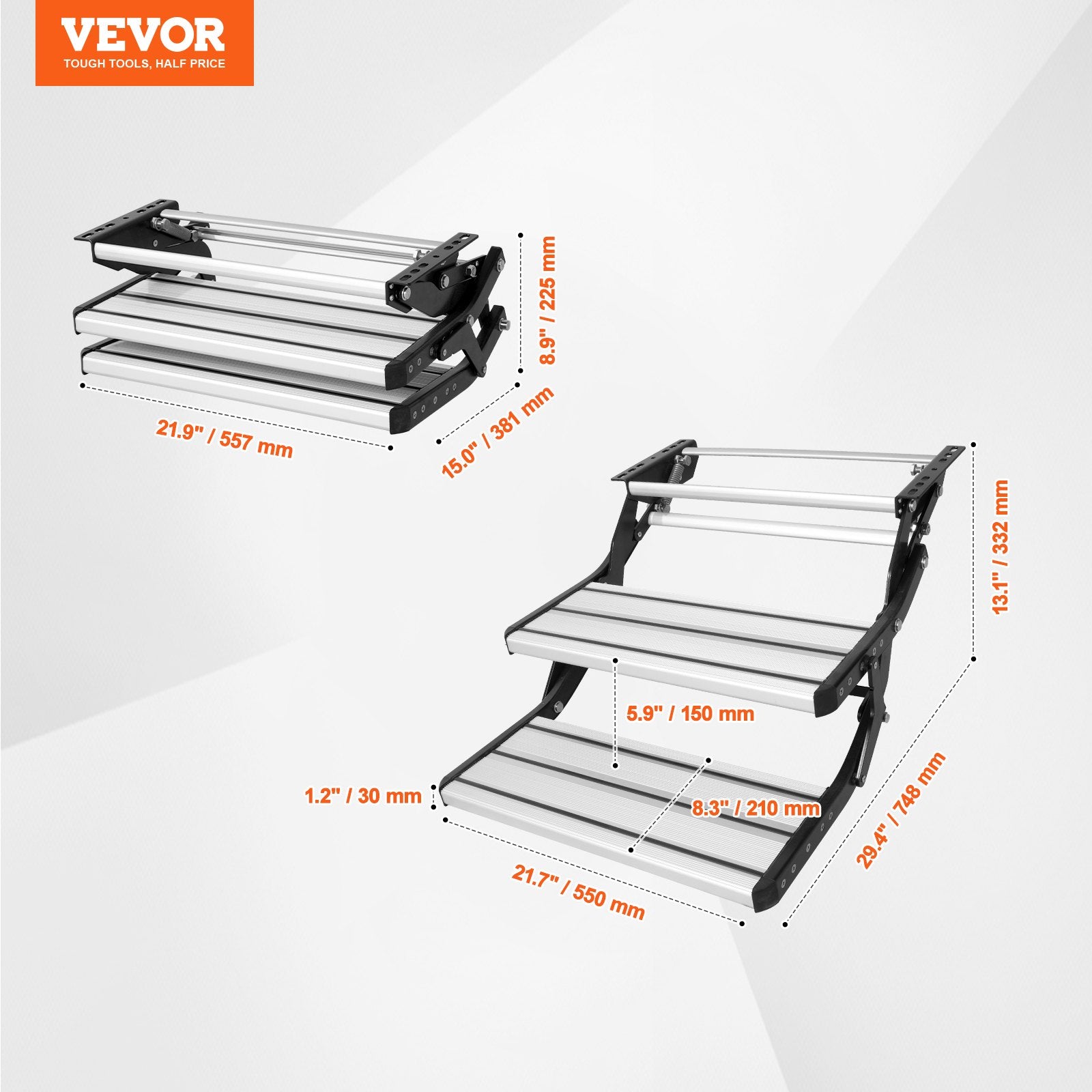 VEVOR RV Steps, 2-Step, Manual Retractable RV Stairs, Foldable, 440 LBS Load Capacity, Aluminum Alloy Steps, Thickened Steel Plate, Non-Slip Steps for Safe Entry and Exit, RV, Trailer, Camper Steps 7