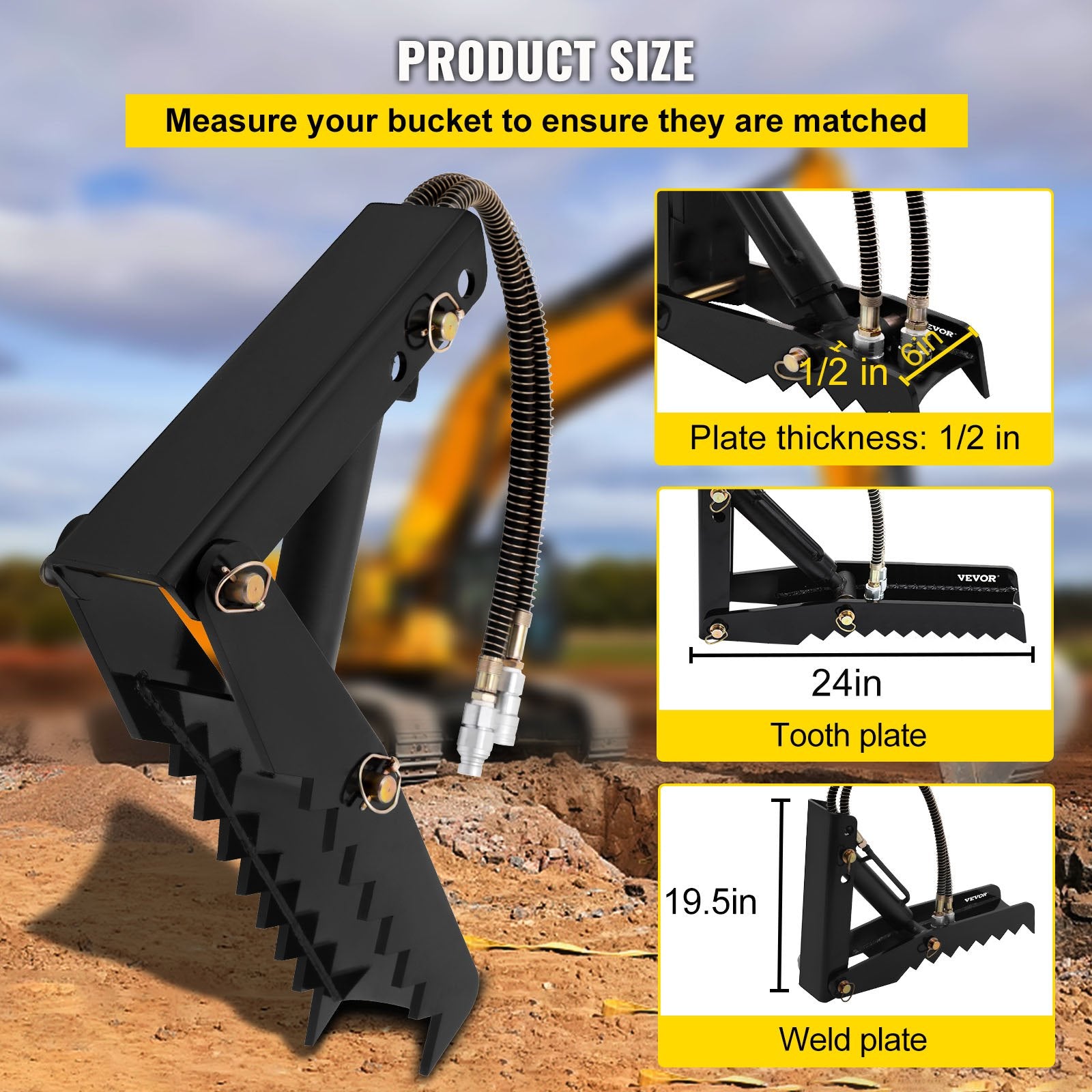 VEVOR 61cm Hydraulic Backhoe Excavator Thumb Attachments Weld On 1.27cm Teeth Thick Steel Plate Assembly 12MM Bolt-On Design with Hydraulic Cylinder 3