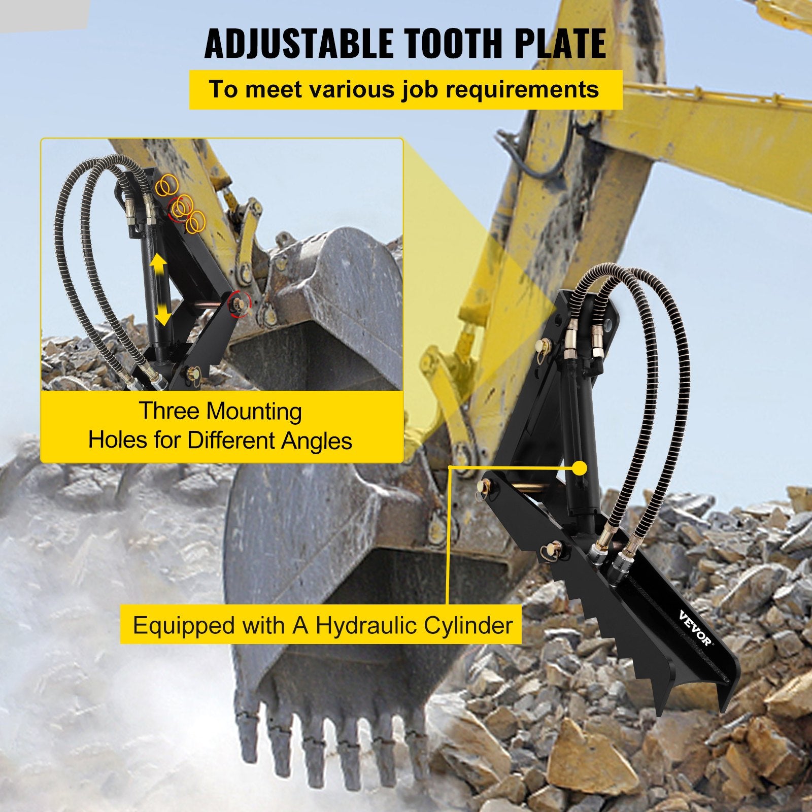 VEVOR 61cm Hydraulic Backhoe Excavator Thumb Attachments Weld On 1.27cm Teeth Thick Steel Plate Assembly 12MM Bolt-On Design with Hydraulic Cylinder 6