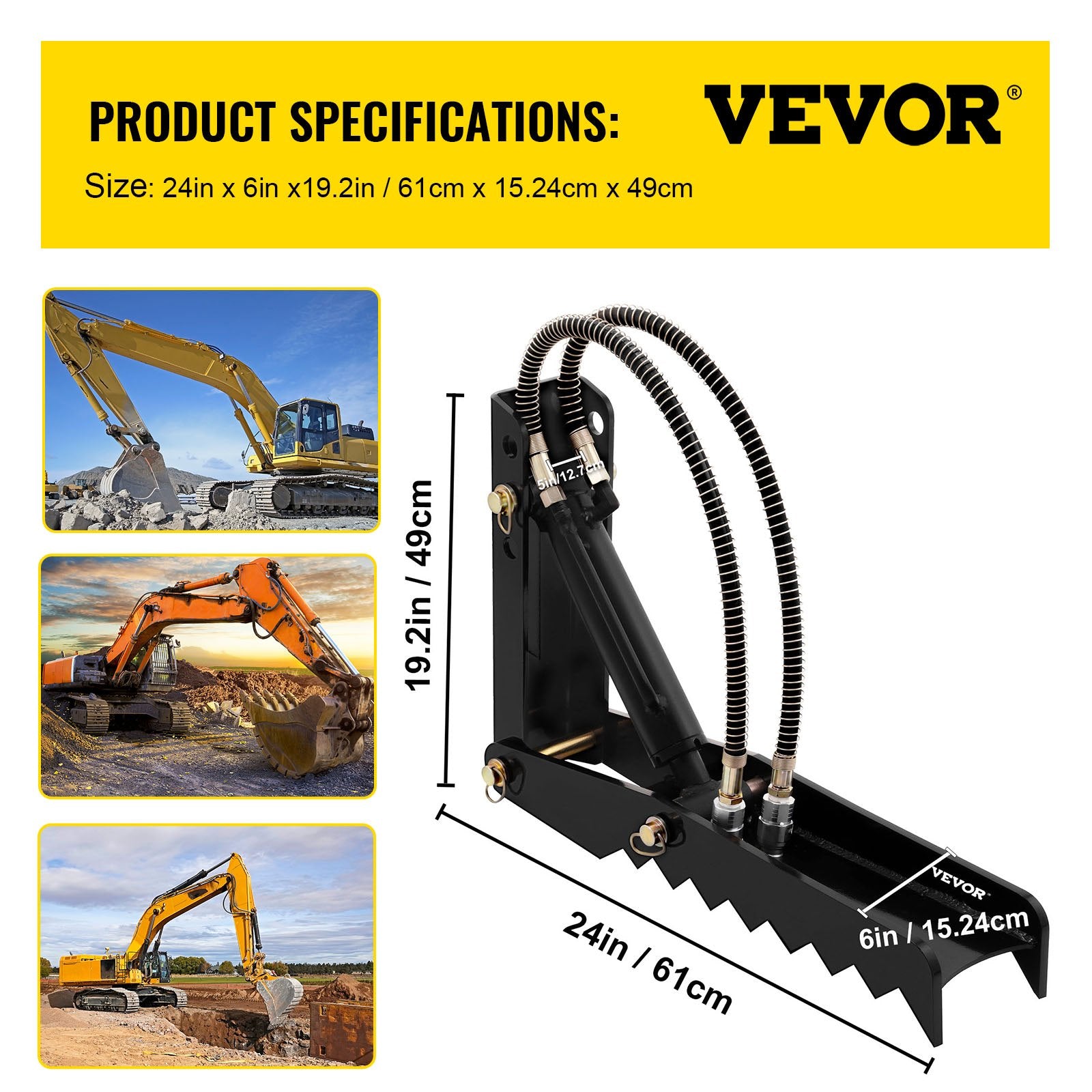 VEVOR 61cm Hydraulic Backhoe Excavator Thumb Attachments Weld On 1.27cm Teeth Thick Steel Plate Assembly 12MM Bolt-On Design with Hydraulic Cylinder 7