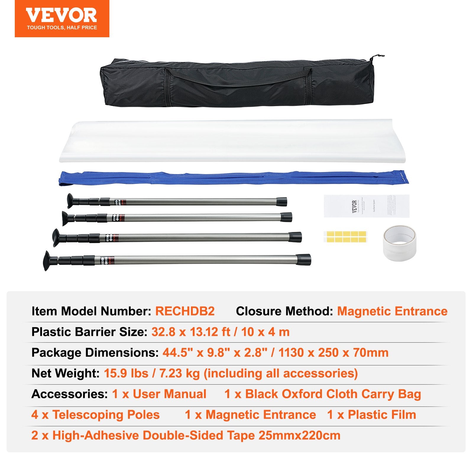 VEVOR Dust Barrier Poles, 12 Ft Barrier Poles, Dust Barrier System with 4 Telescoping Poles, Magnetic Zipper, Carry Bag and 32.8x13.12 Ft Plastic Film, for Interior Decoration, Painting 7