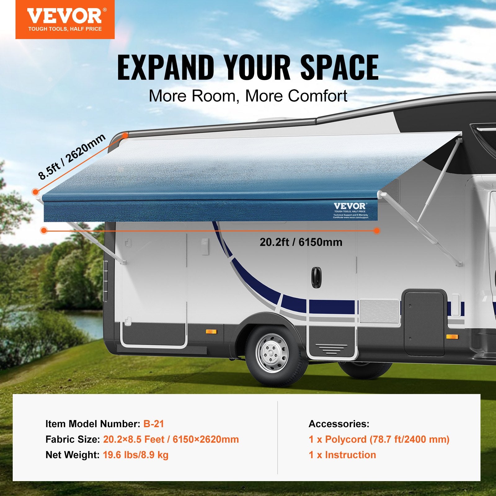 VEVOR RV Awning Fabric Replacement, 6.15m Fabric Length for 6.4m Awning, Heavy Duty 3-Ply 16oz PVC Camper Awning Fabric, Waterproof & UV Protection Outdoor Canopy for RV, Trailer, Motorhome, Blue Fade 7