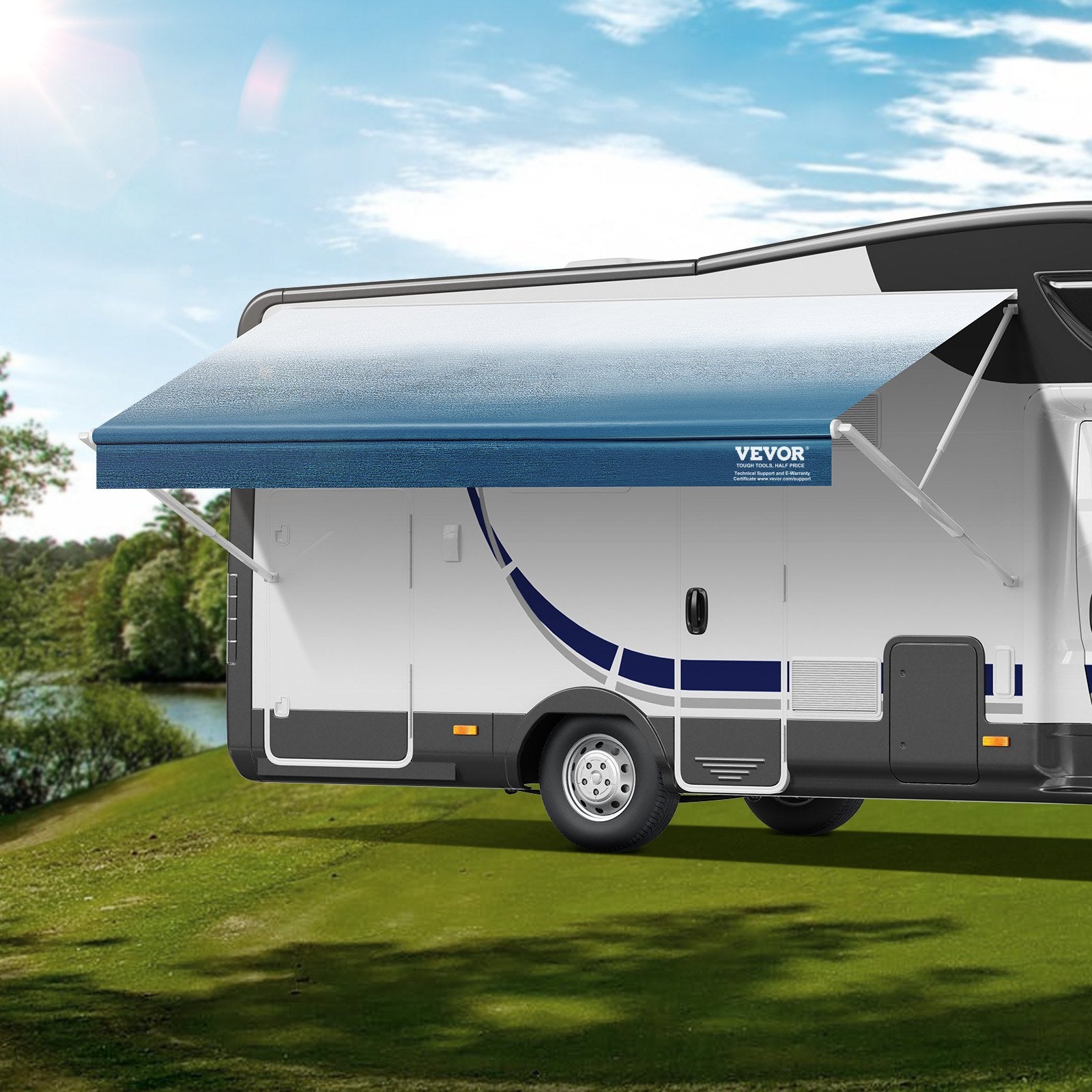 VEVOR RV Awning Fabric Replacement, 6.15m Fabric Length for 6.4m Awning, Heavy Duty 3-Ply 16oz PVC Camper Awning Fabric, Waterproof & UV Protection Outdoor Canopy for RV, Trailer, Motorhome, Blue Fade 8