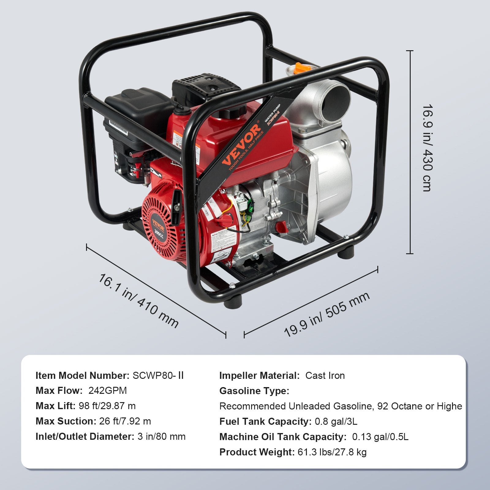 VEVOR Gasoline Engine Water Pump Gas Powered Transfer Pump 80 mm 7HP 4-Stroke 7