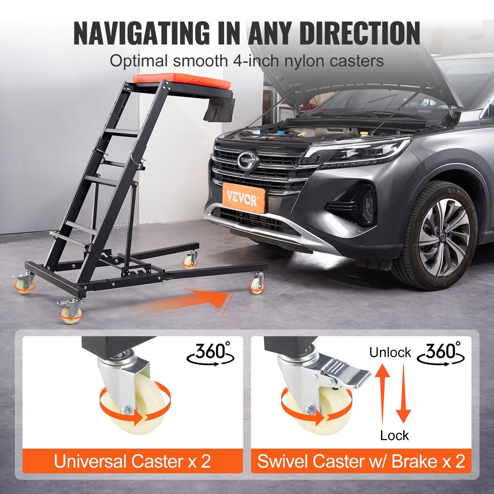 VEVOR Automotive Topside Creeper, with Adjustable Height 48" to 76", 181.44KGS Capacity High Creeper, 4 Swivel Caster Wheels, Heavy Duty Foldable Creeper for Auto Repair and Maintenance 5