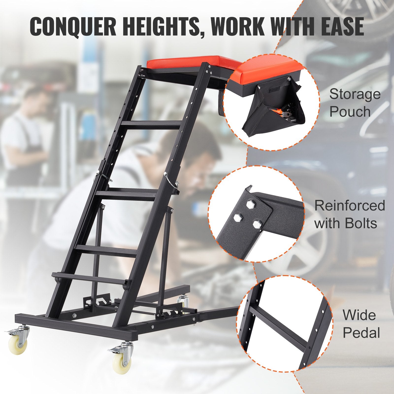 VEVOR Automotive Topside Creeper, with Adjustable Height 48" to 76", 181.44KGS Capacity High Creeper, 4 Swivel Caster Wheels, Heavy Duty Foldable Creeper for Auto Repair and Maintenance 6