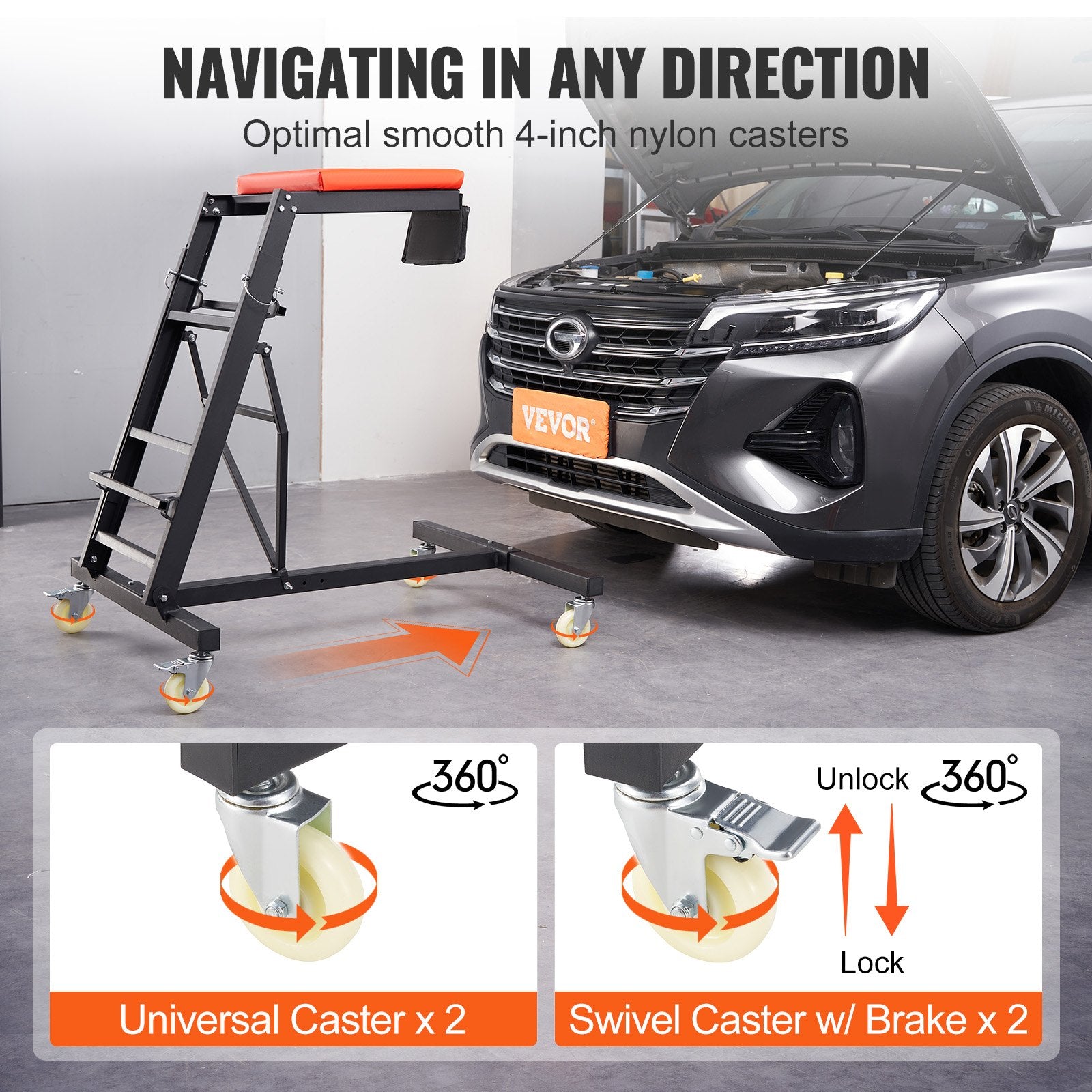 VEVOR Automotive Topside Creeper, with Adjustable Height 49.6" to 75.6", 181.44KGS Capacity High Creeper, 4 Swivel Caster Wheels, Heavy Duty Foldable Creeper for Auto Repair and Maintenance 4