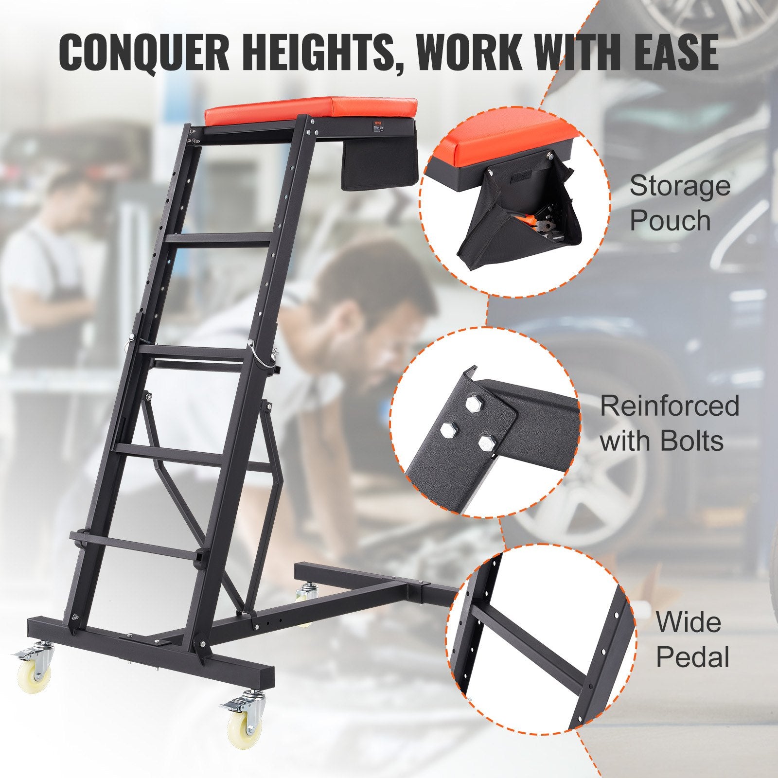 VEVOR Automotive Topside Creeper, with Adjustable Height 49.6" to 75.6", 181.44KGS Capacity High Creeper, 4 Swivel Caster Wheels, Heavy Duty Foldable Creeper for Auto Repair and Maintenance 5