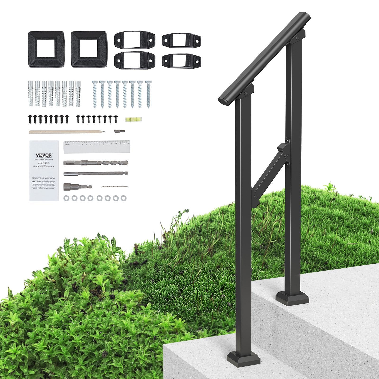 VEVOR Handrails for Outdoor Steps, 1-2 Step Stair Hand Rail Kit, Transitional Carbon Steel Railings with Installation Kit, Stair Rails for Seniors, Concrete Steps & Porch & Deck, Black Square Tube